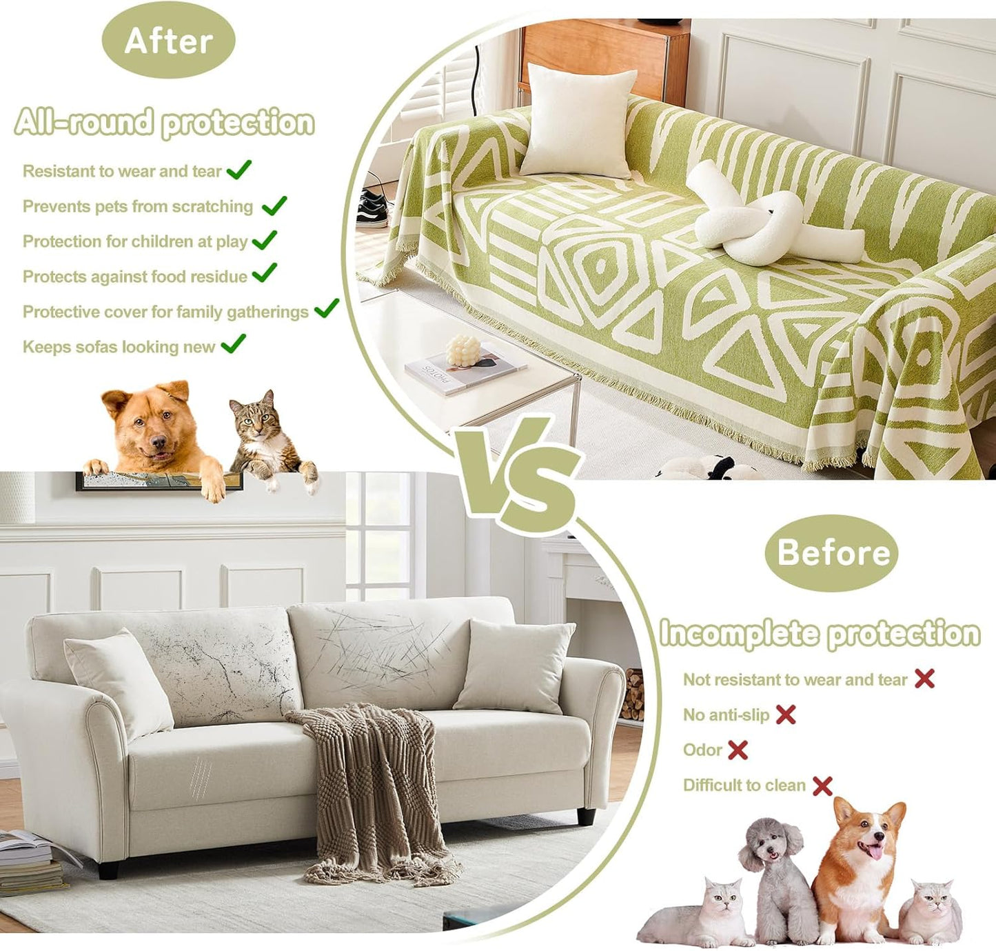 HANDONTIME Green Sofa Covers Chenille Couch Covers Universal Sofa Cover Boho Cover for Sofa 3 Seats Dogs Couch Furniture Protector Couch Cushion Covers Sectional Couch Covers for L Shaped 71" X134"