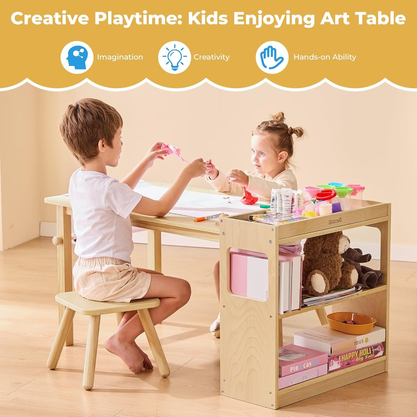 Kids Art Table and 2 Chairs Set with Roll Paper & Storage, Wooden Kid Craft Table for Drawing, Learning and Reading, Toddler Activity Play Desk for Home, Playroom or Classroom