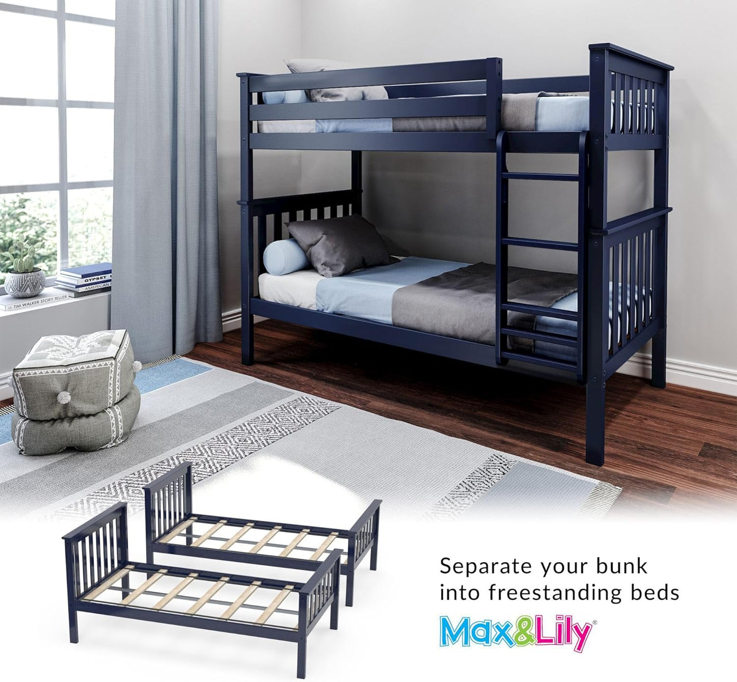 Max & Lily Bunk Bed Twin over Twin, Solid Wood Bunk Bed Frame with Ladder for Kids, 14" Safety Guardrails, Easy Assembly, No Box Spring Needed, Blue