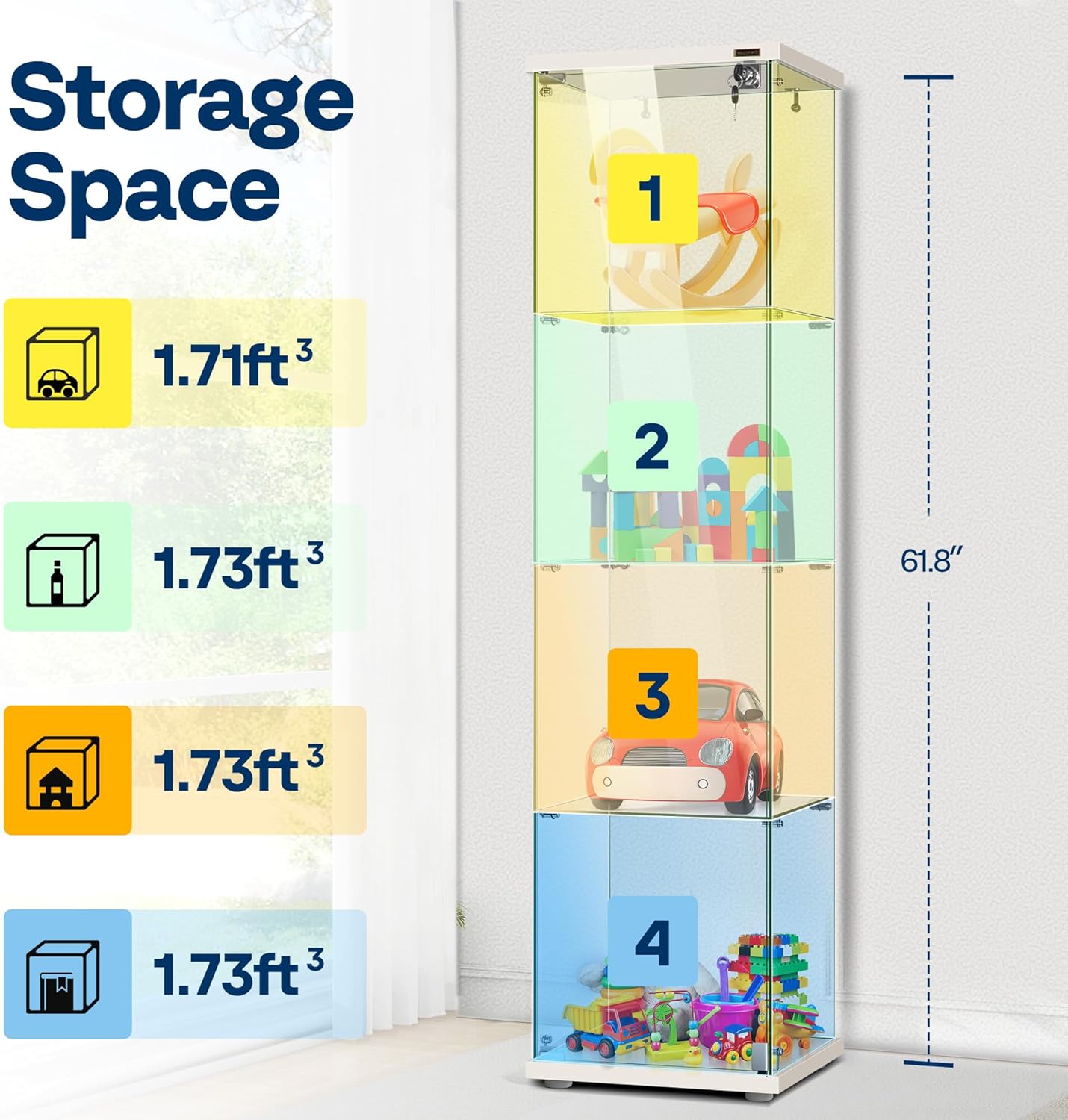 VIVOHOME 4 Layers 15.7''W x 15.7''D x 62.6''H Glass Display Cabinet Countertop Showcase with Lock, 5mm Tempered Glass 25mm MDF Base