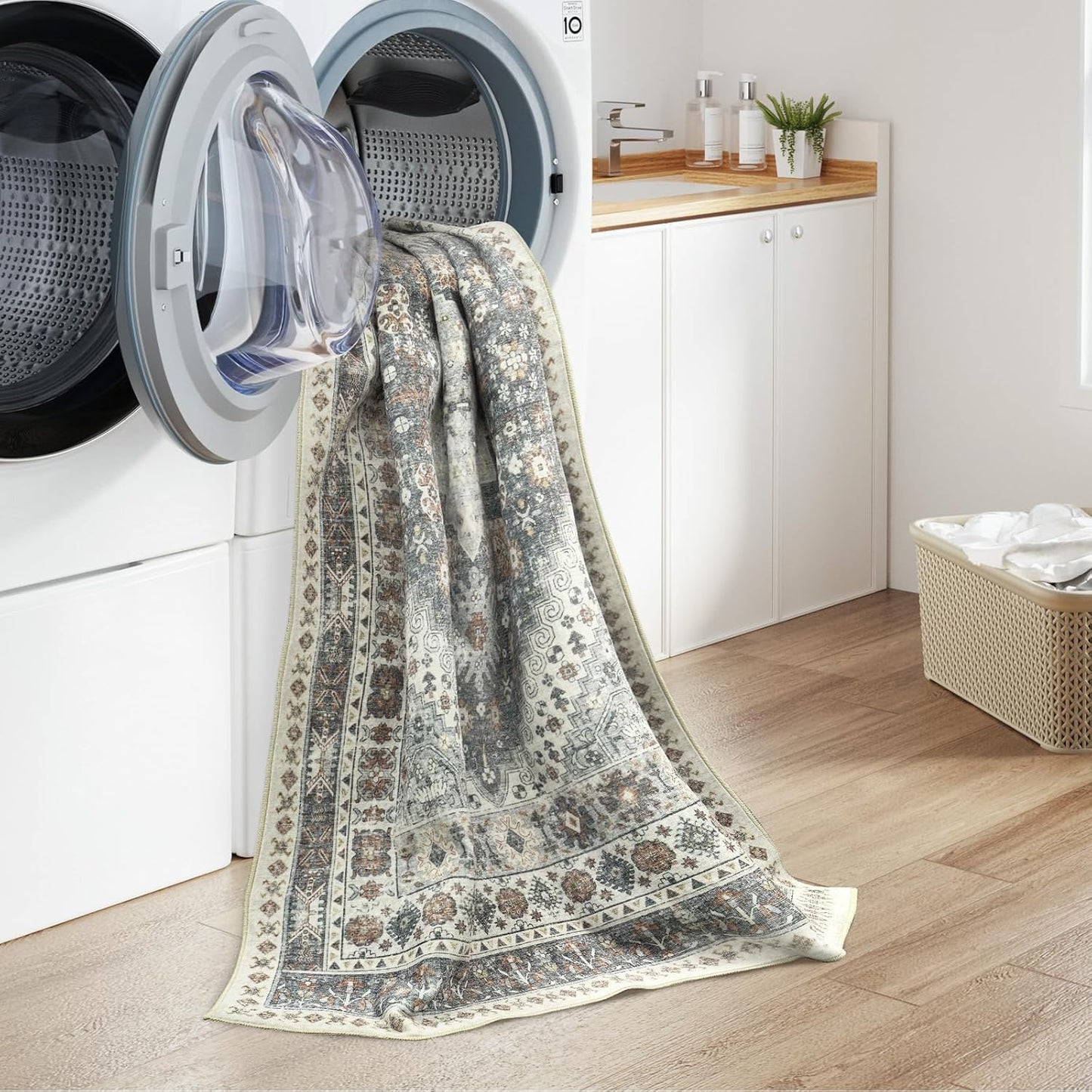 zesthome 8x10 Area Rugs for Living Room,Non-Slip Backing Washable Rugs,Vintage Large Area Rug,Stain Resistant Home Decor Rug (Grey/Orange,8'x10')