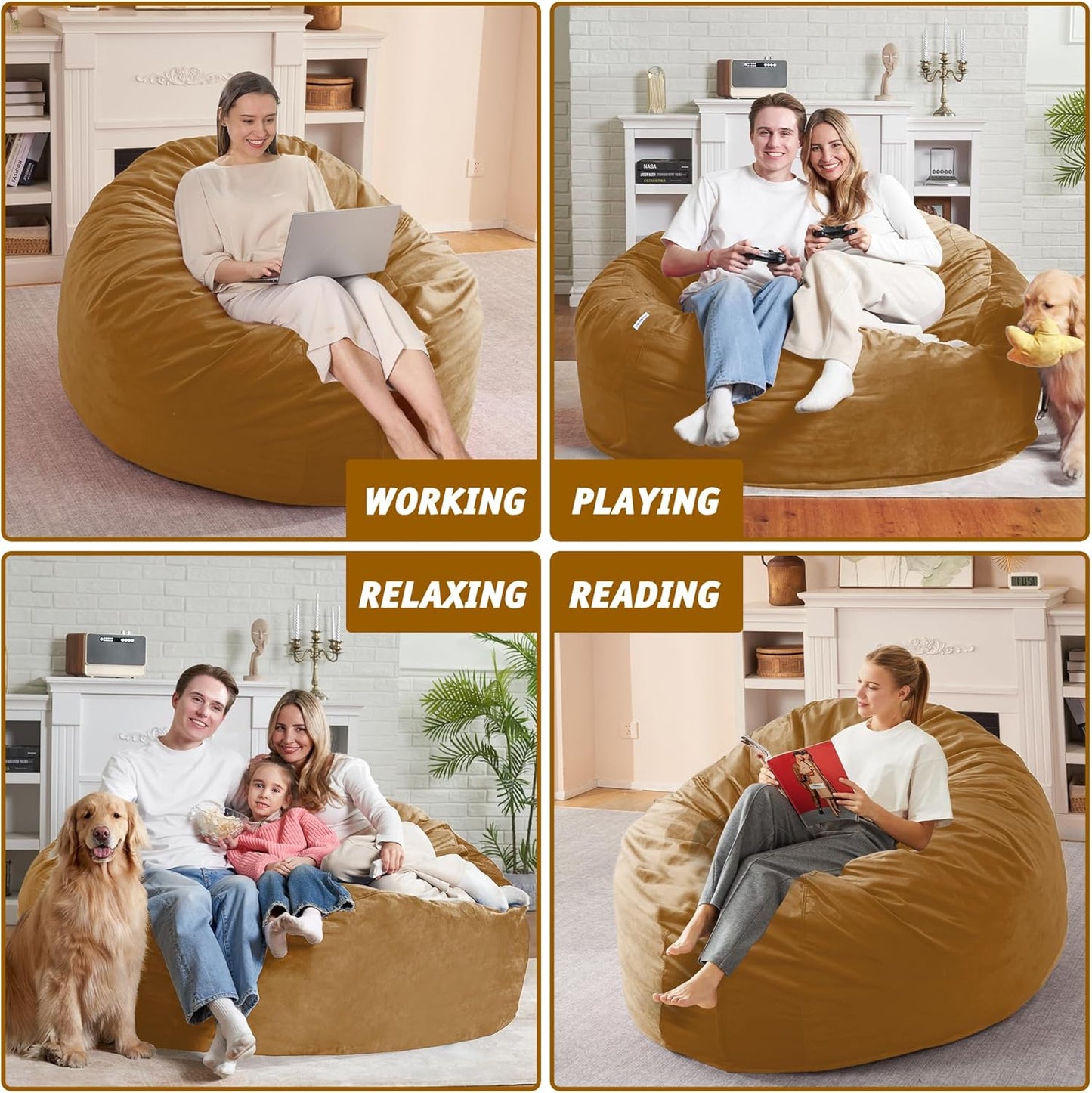 5FT Bean Bag Chair with Ultra Soft Velvet Cover Bean Bag Sofa with Memory Foam Bean Bag Chairs with Large Size Lazy Sofa for Dorm Office Living Room Bedroom Camel 5'