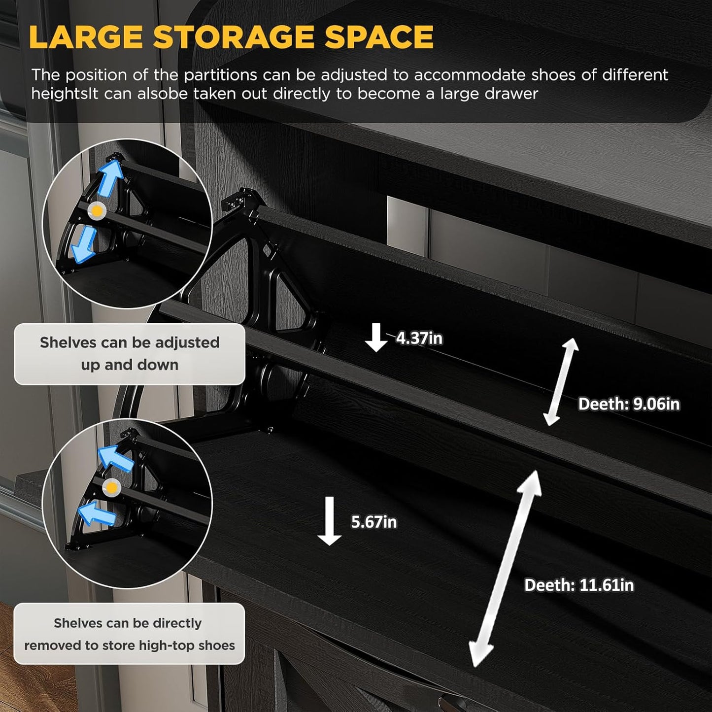 Maupvit Large Shoe Storage Cabinet with 4 Flip Drawers, Narrow Shoe Cabinet for Entryway with Wooden Legs, Freestanding Hidden Shoe Rack Organizer & Metal Hinges, Black