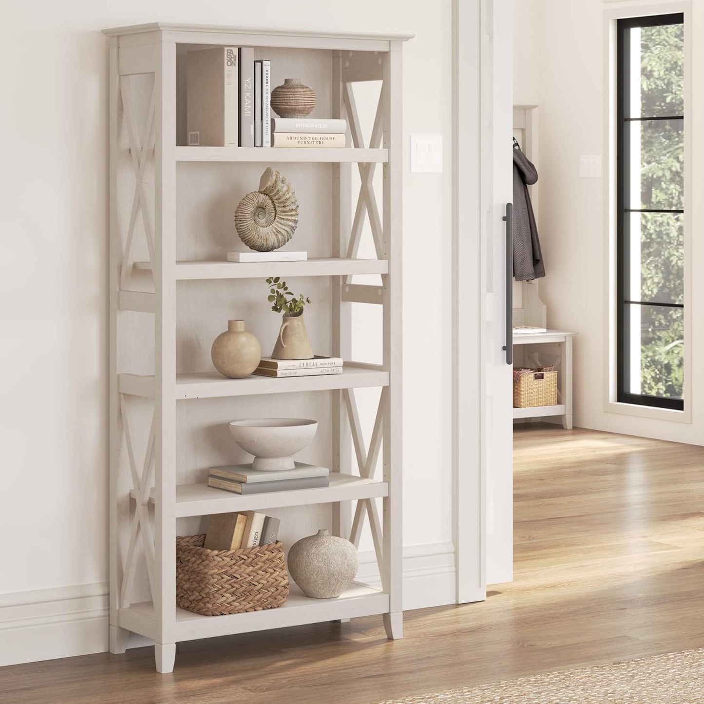Bush Furniture Tall 5 Shelf Bookcase for Living Room or Home Office, Large Bookshelf, Modern Farmhouse Style, Key West Collection, Linen White Oak