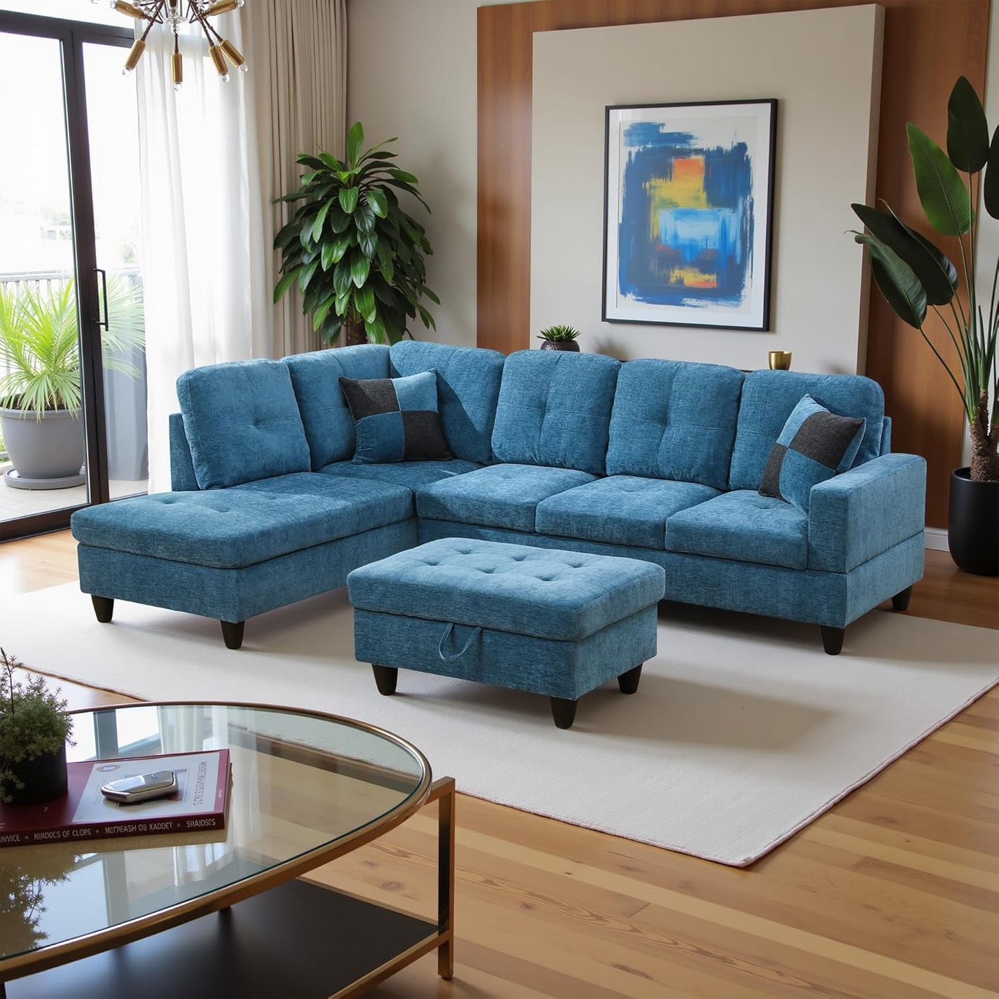 103.5" Oversized Sectional Couch, L Shaped Couch with Storage Ottoman, Modern Modular Sofa with Deep Seat, Sectional Couches for Living Room and Office, Blue (Flannel)