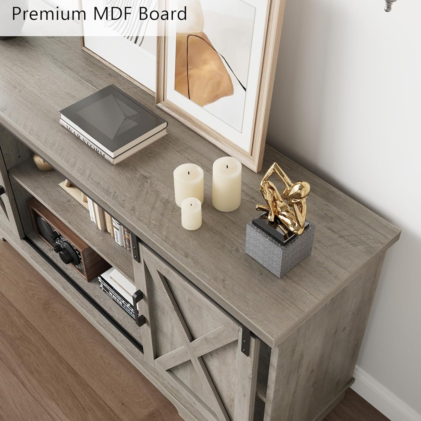 CABIHOME Farmhouse Tv Stand for 65 Inches TVs, Entertainment Center with Storage and Sliding Barn Doors, Adjustable Shelf Modern Media TV Console TV Stand Table for Living Room, Bedroom, Grey