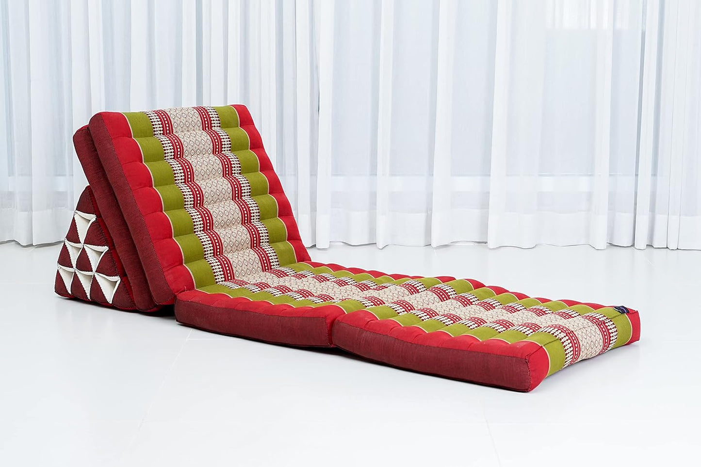 Leewadee Comfortable Japanese Floor Mattress - Thai Floor Bed with Triangle Cushion - Futon Mattress - XL Extra Long Thai Massage Mat, 89 x 20 inches, Green Red, Kapok Filling