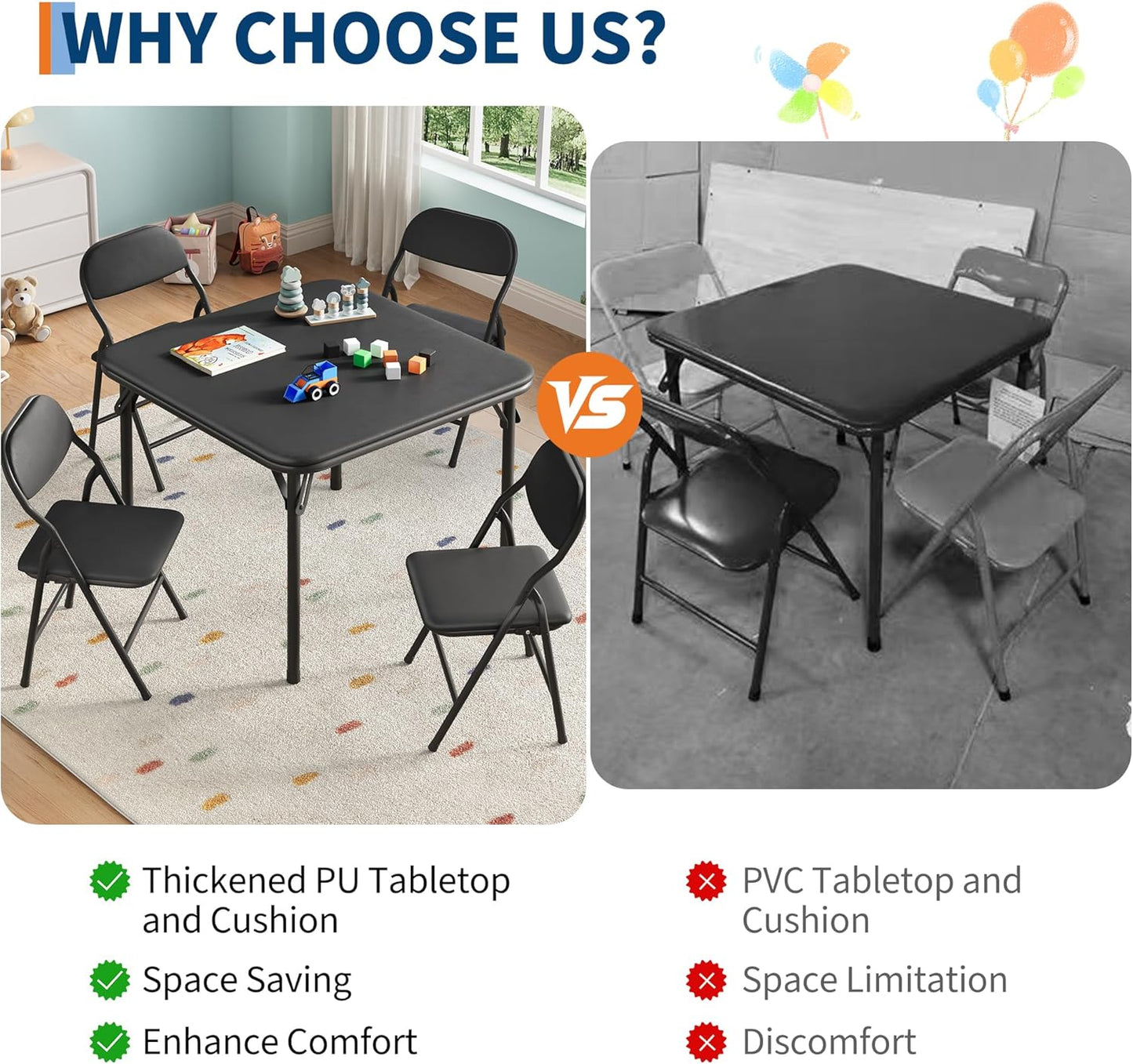 IDEALHOUSE 5 Piece Folding Kids Table and Chairs Set, Children Activity Table and Chairs Set for Dining Room,Daycare,Classrooms