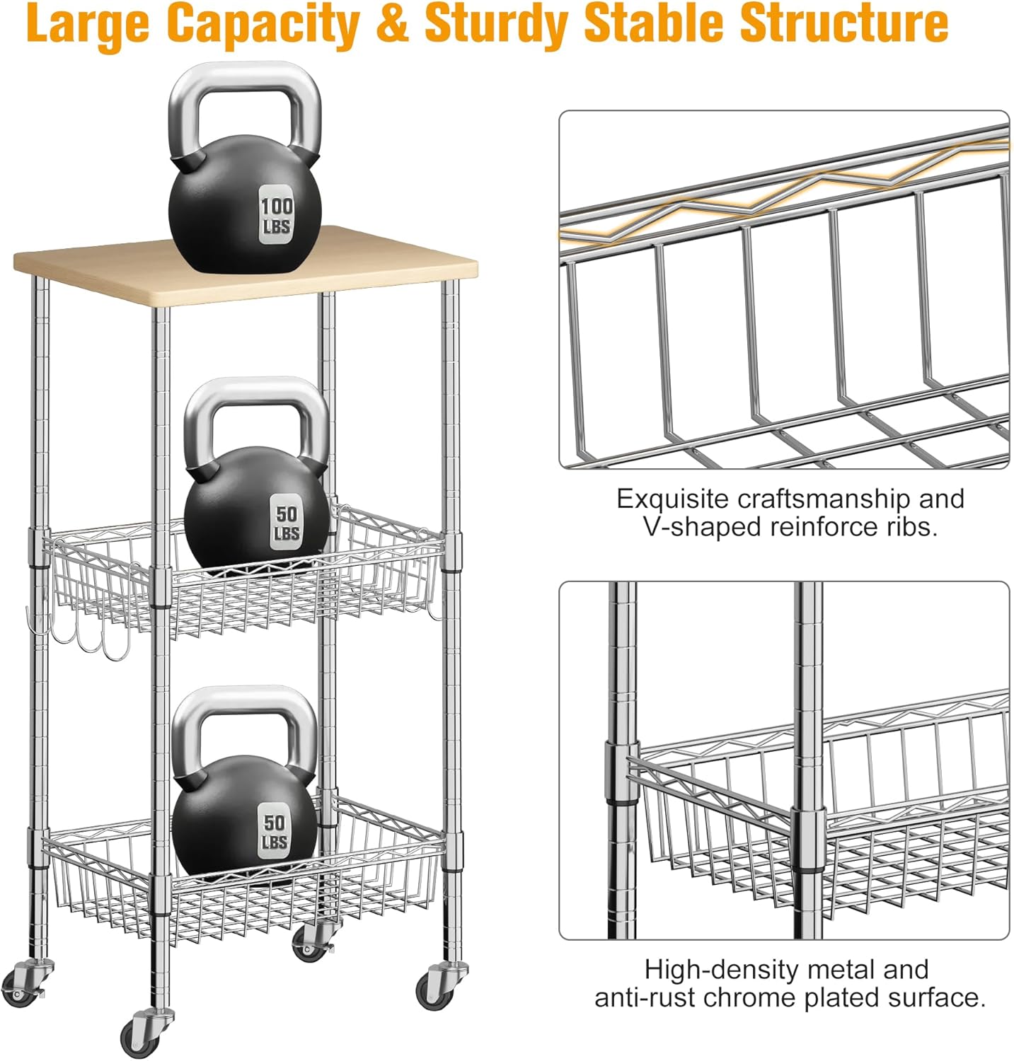 Rolling Kitchen Storage Cart, 3-Tier Storage Rack on Caster Wheels with Adjustable 2 Baskets, Coffee Station Cart Rack Shelf Organizer for Living Room Office, Balcony, Chrome/Silver