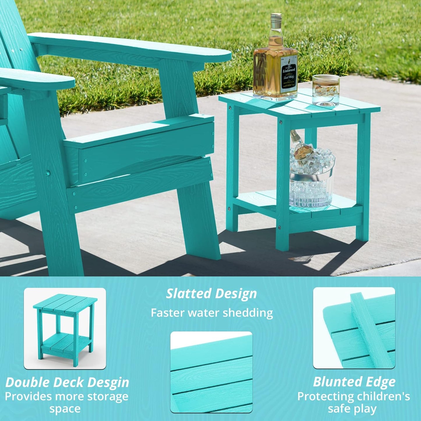 LUE BONA Adirondack Outdoor Side Table, 2-Tier Aruba Blue HDPS Patio End Table Weather Resistant, Outdoor Morden Side Table for Patio, Pool, Porch