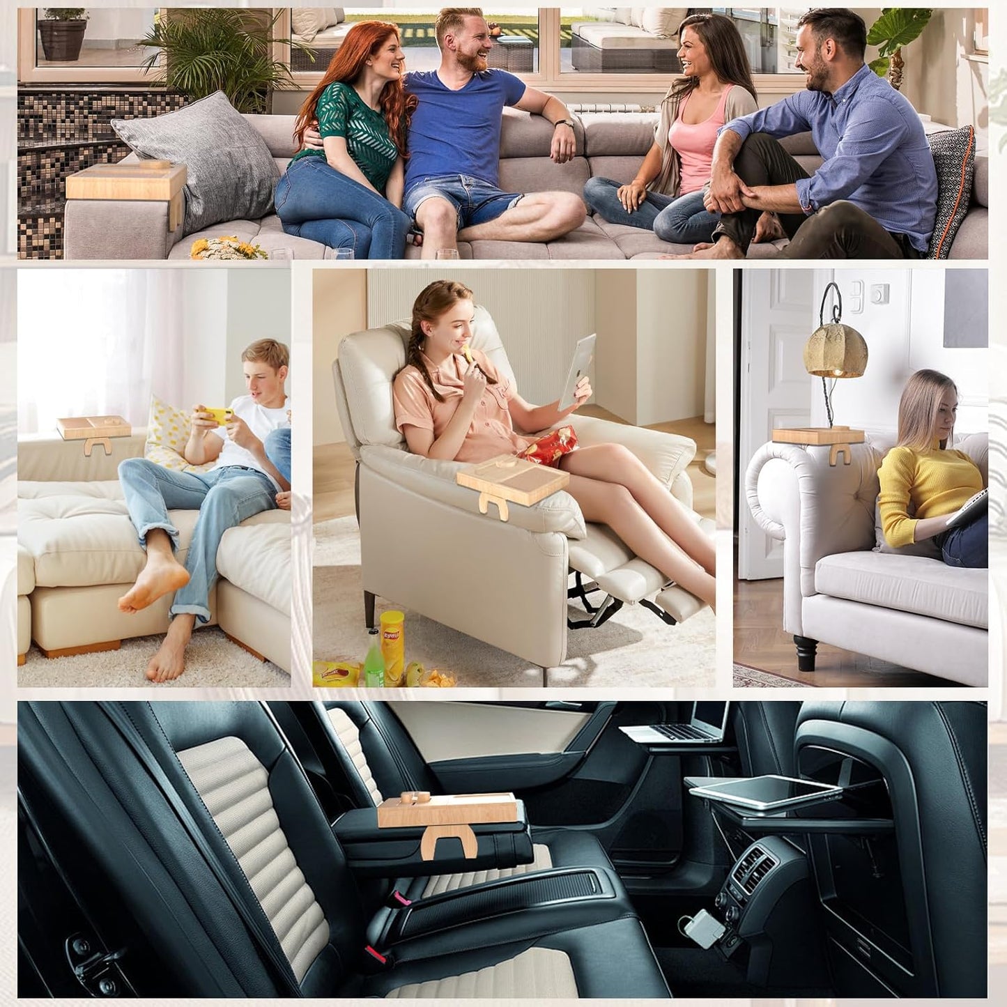 Bamboo Couch Arm Table with 2 Rotating Lids & Adjustable Phone Holder,Foldable Couch Arm Tray,Non-Slip Arm Rest Table Clip for Couch Pillow,Sofa Arm Tray for Snacks,Drinks or Dining