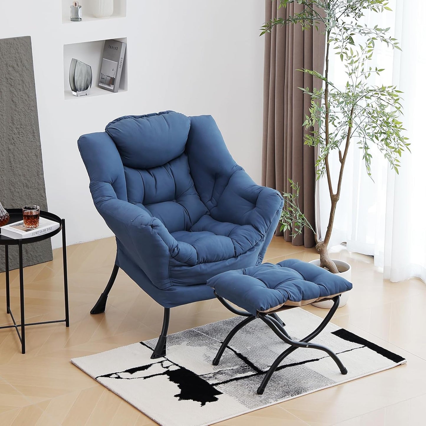 Lazy Chair with Ottoman, Modern Chair with Folding Footrest, Lounge Accent Chair, Comfortable Reading Chair (Royal Blue)