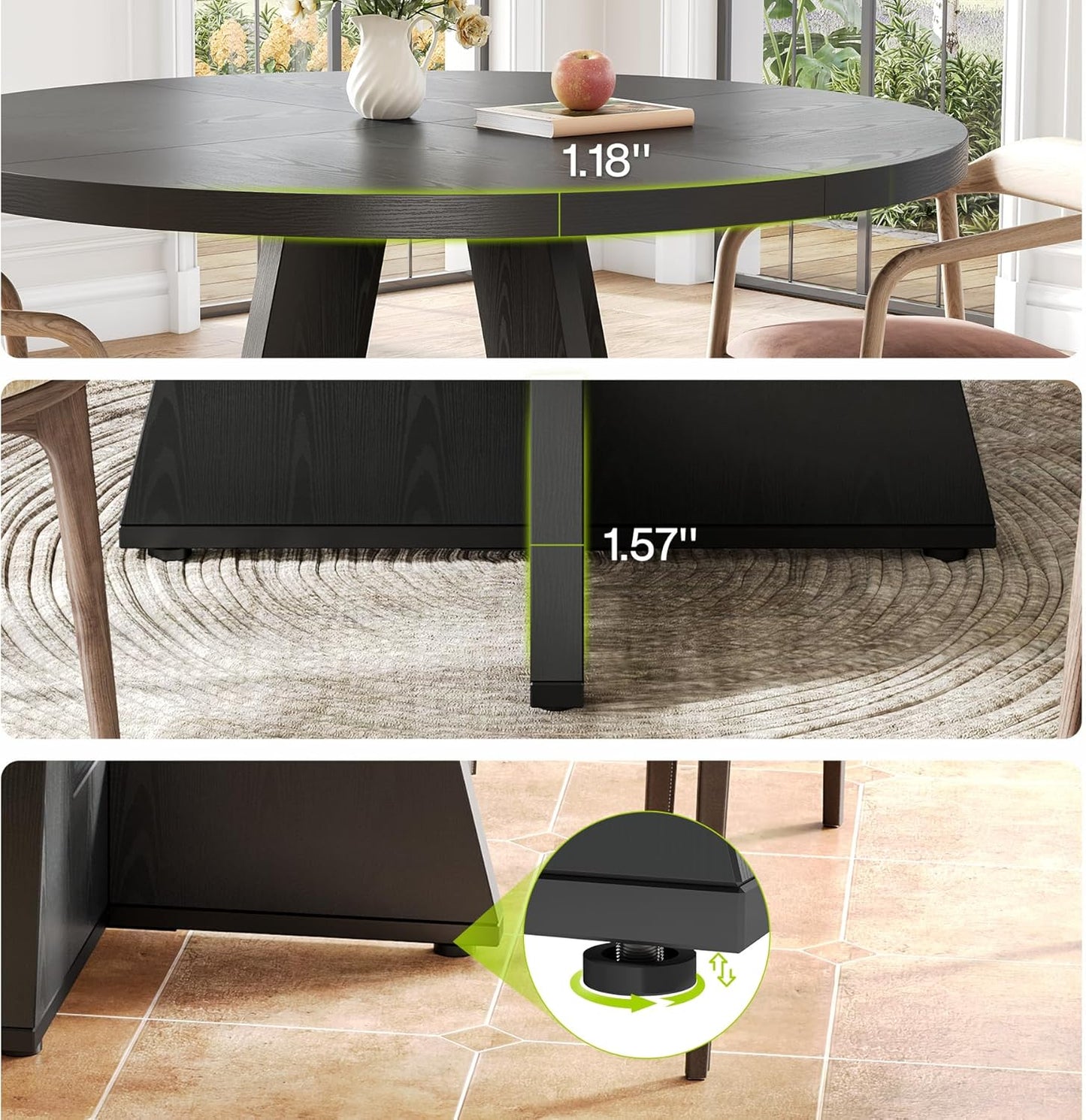 LITTLE TREE Round Dining Table for 4-6, 47 Inches with Wooden Pedestal Base, Black Dinner Table for Dining Room, Kitchen, Living Room