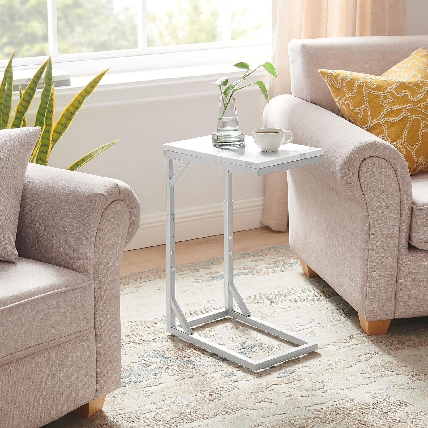 C-Shaped End Table, Small Sofa Table with Metal Frame, Adjustable Height Side Table for Couch, Living Room, Bedroom, Bedside (Silver, Small)