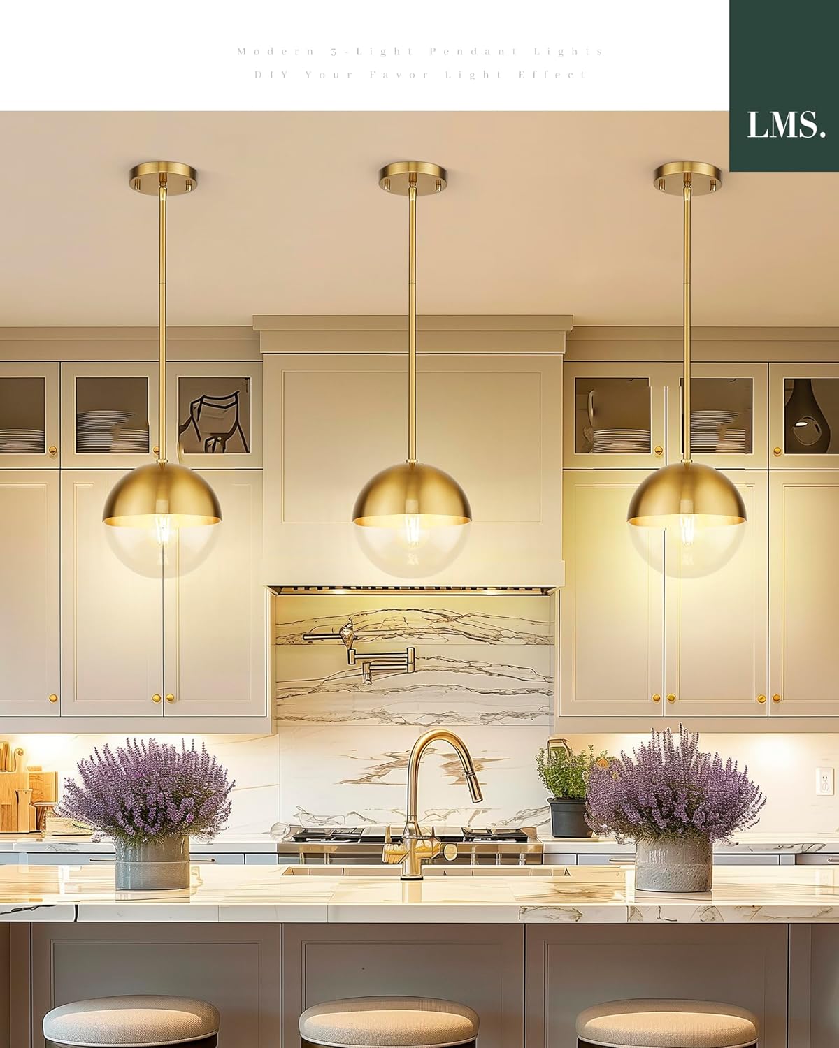 LMS Mid Century Pendant Light Fixtures, Brushed Gold Farmhouse Pendant Light with Clear Globe Glass Shade, Adjustable Hanging Rod Ceiling Light for Dining Room Bathroom Kitchen Island, LMS-186BGC