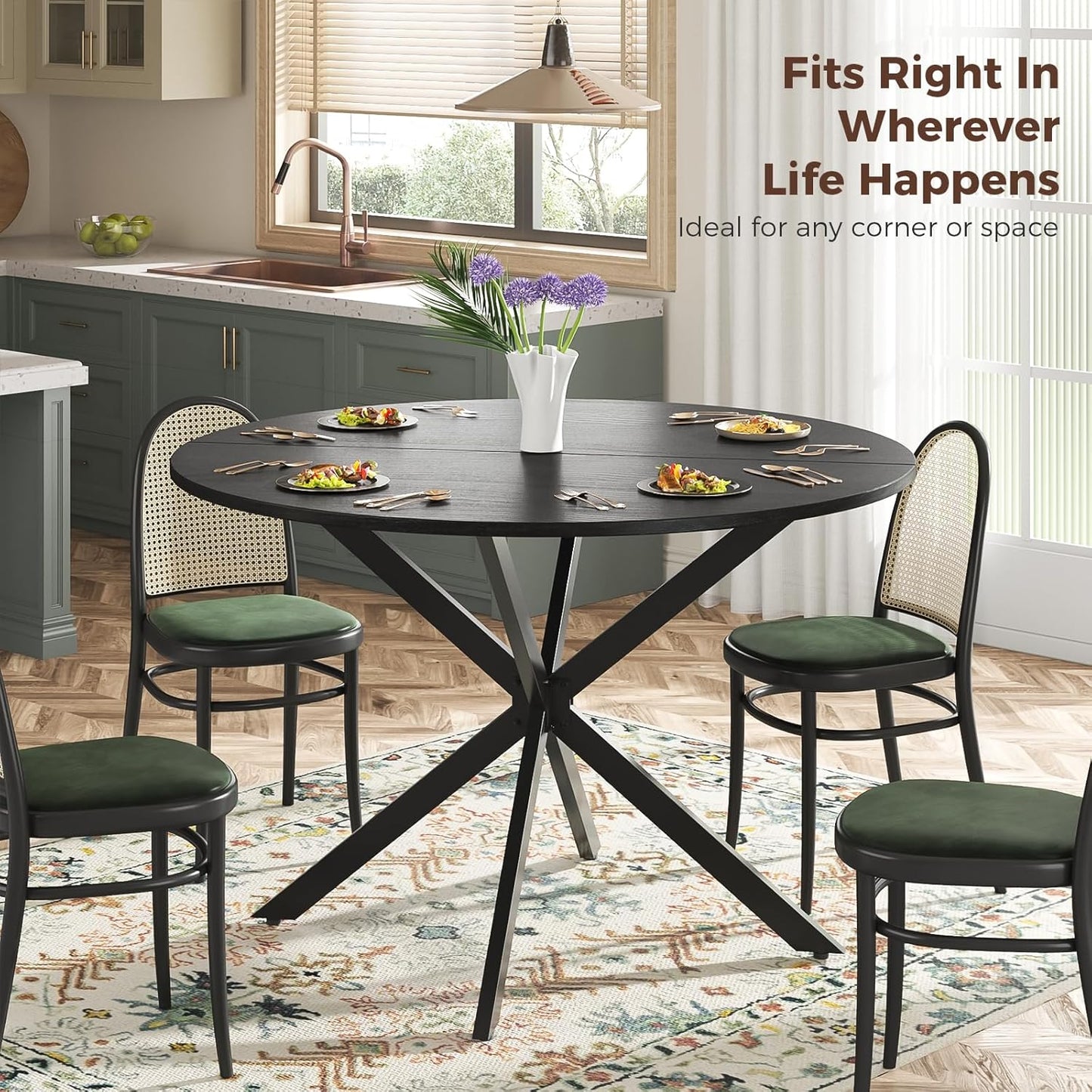 Unovivy 47" Round Dining Table for 4-6, Space Saving Circle Kitchen Dinner Table, Industrial Mid Century Modern Dining Room Desk for Kitchen, Apartment, Black