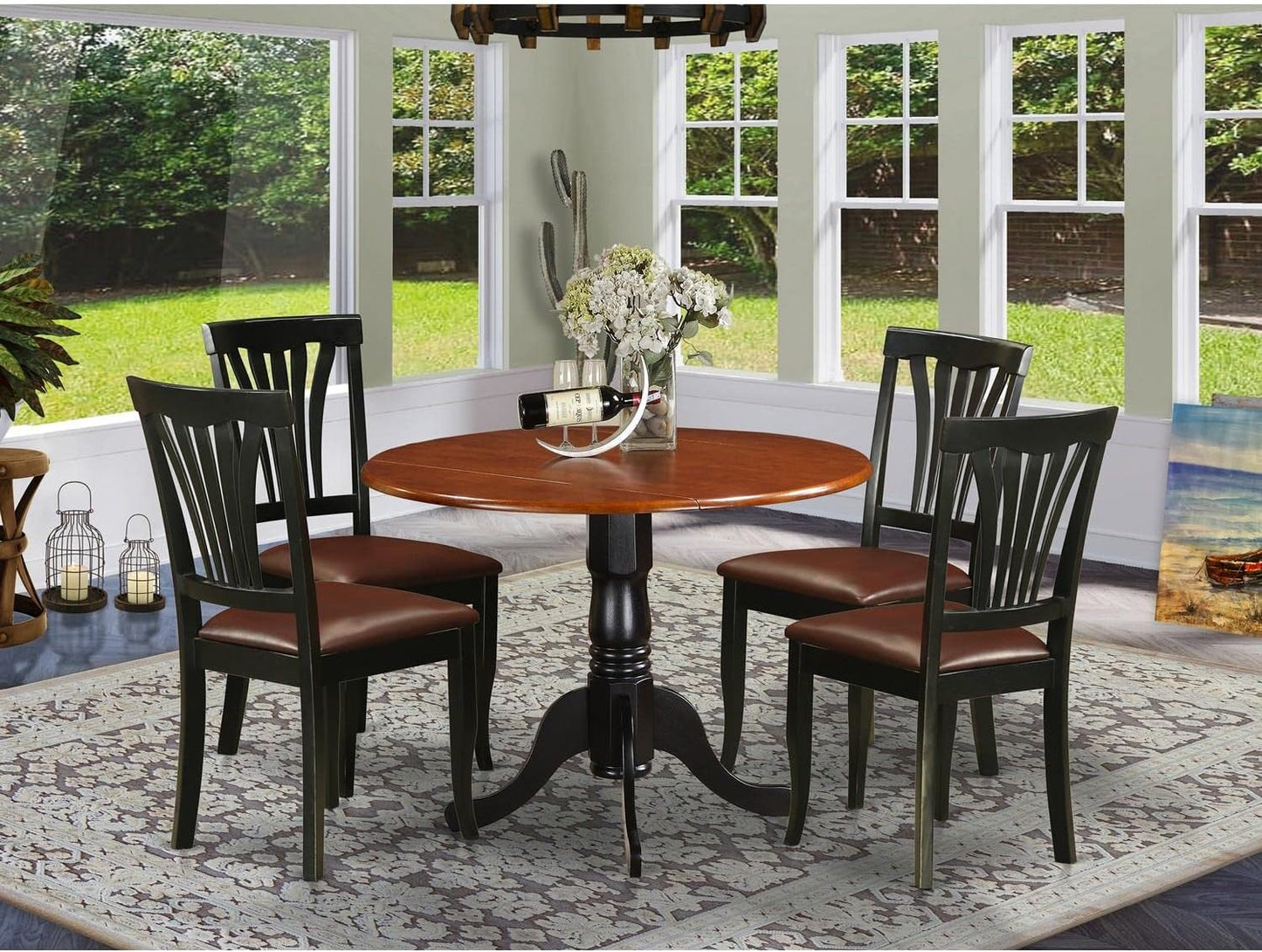 East West Furniture DLAV5-BCH-LC 5 Piece Dinette Set for 4 Includes a Round Dining Room Table with Dropleaf and 4 Faux Leather Kitchen Dining Chairs, 42x42 Inch, Black & Cherry