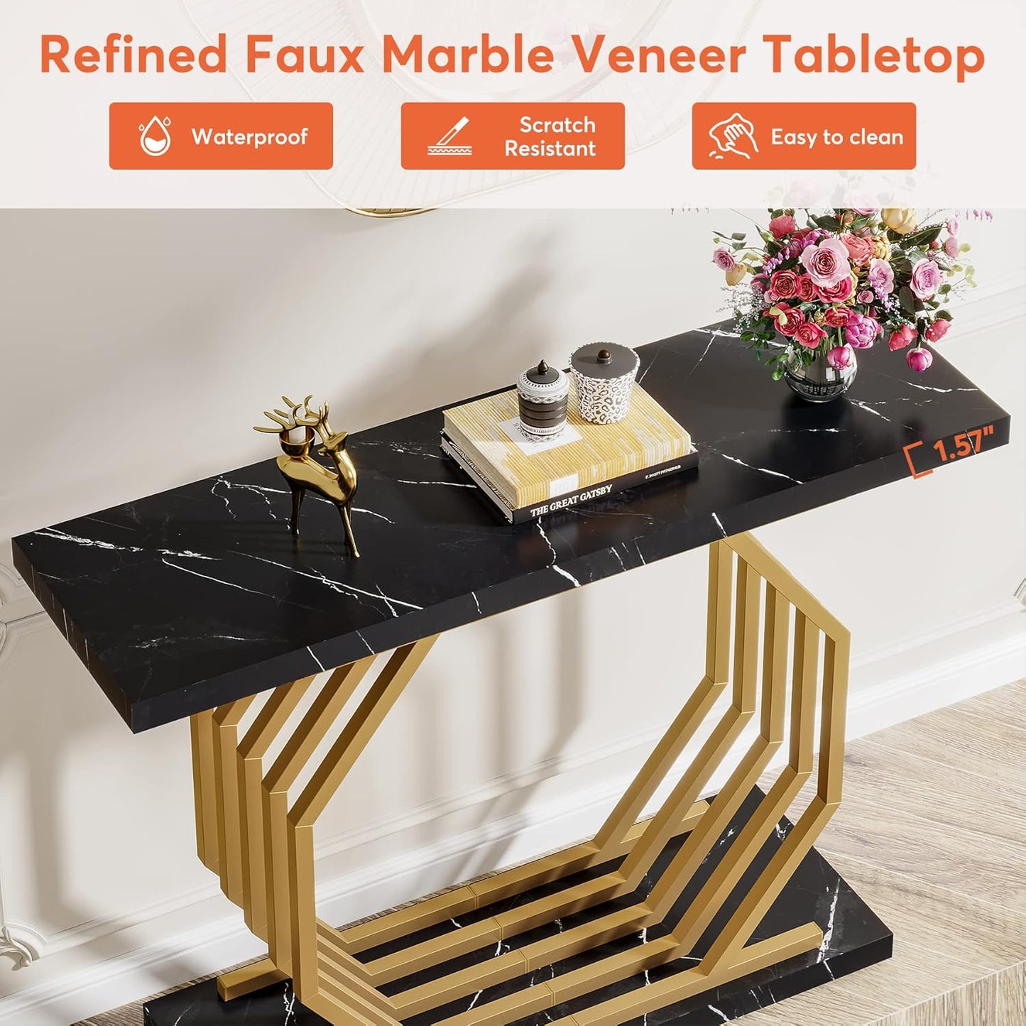 Tribesigns Gold Console Table, Faux Marble Entryway Table Narrow Sofa Table with Geometric Metal Base, 40 Inch Modern Accent Table Entrance Table for Living Room, Hallway, Foyer, Black