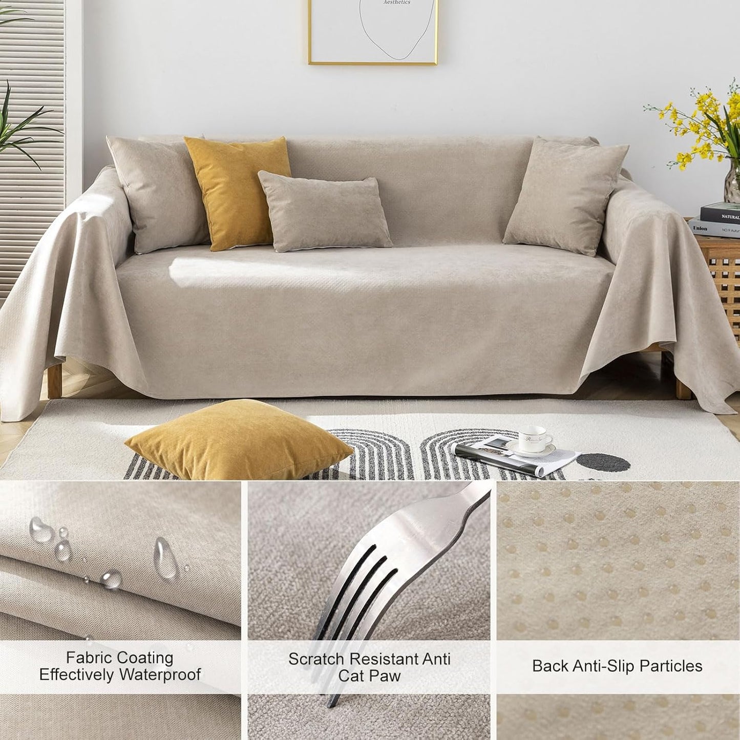 STACYPIK 100% Waterproof Beige Sofa Cover for Dogs, Anti-Cat Scratch Couch Covers for Pets, Non-Slip Couch Covers for 2 Cushion Couch, Washable Loveseat for Sectional, Furniture Protector-71X71IIN