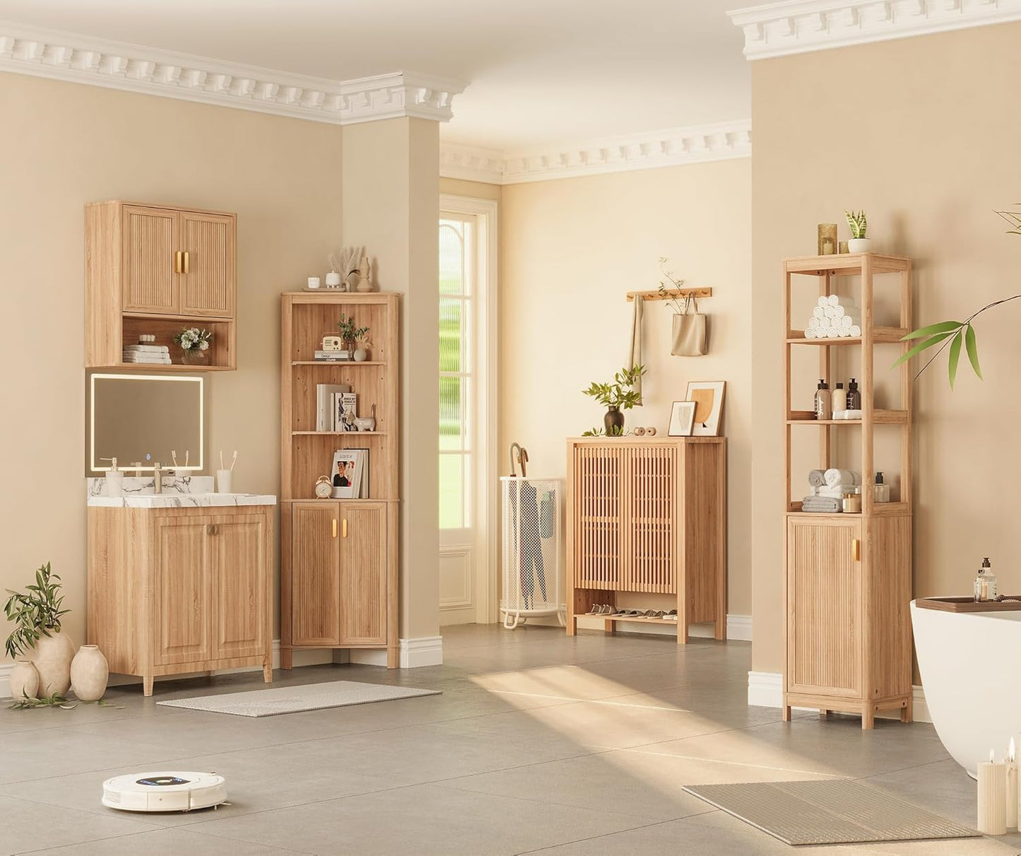 Bathroom Storage Cabinet, Medicine Cabinet with Adjustable Wood Shelf & Doors, Over The Toilet Storage Cabinet for Laundry Room & Kitchen & Living Room (Natural Oak)