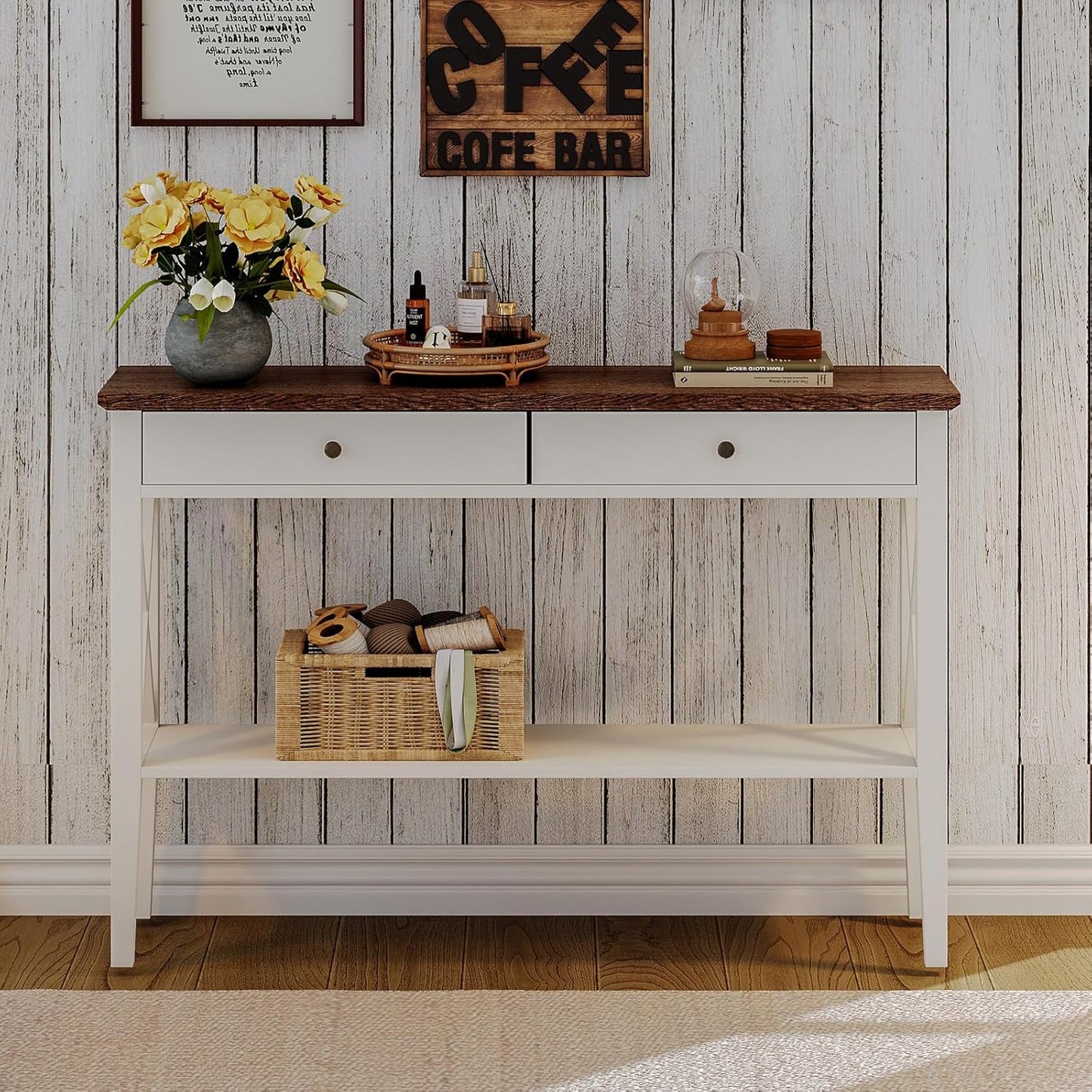 ChooChoo Farmhouse Console Table with Drawers, Narrow Wood Accent Sofa Table Entryway Table with Storage Shelf for Entryway, Front Hall, Hallway, Living Room, Antique White & Brown