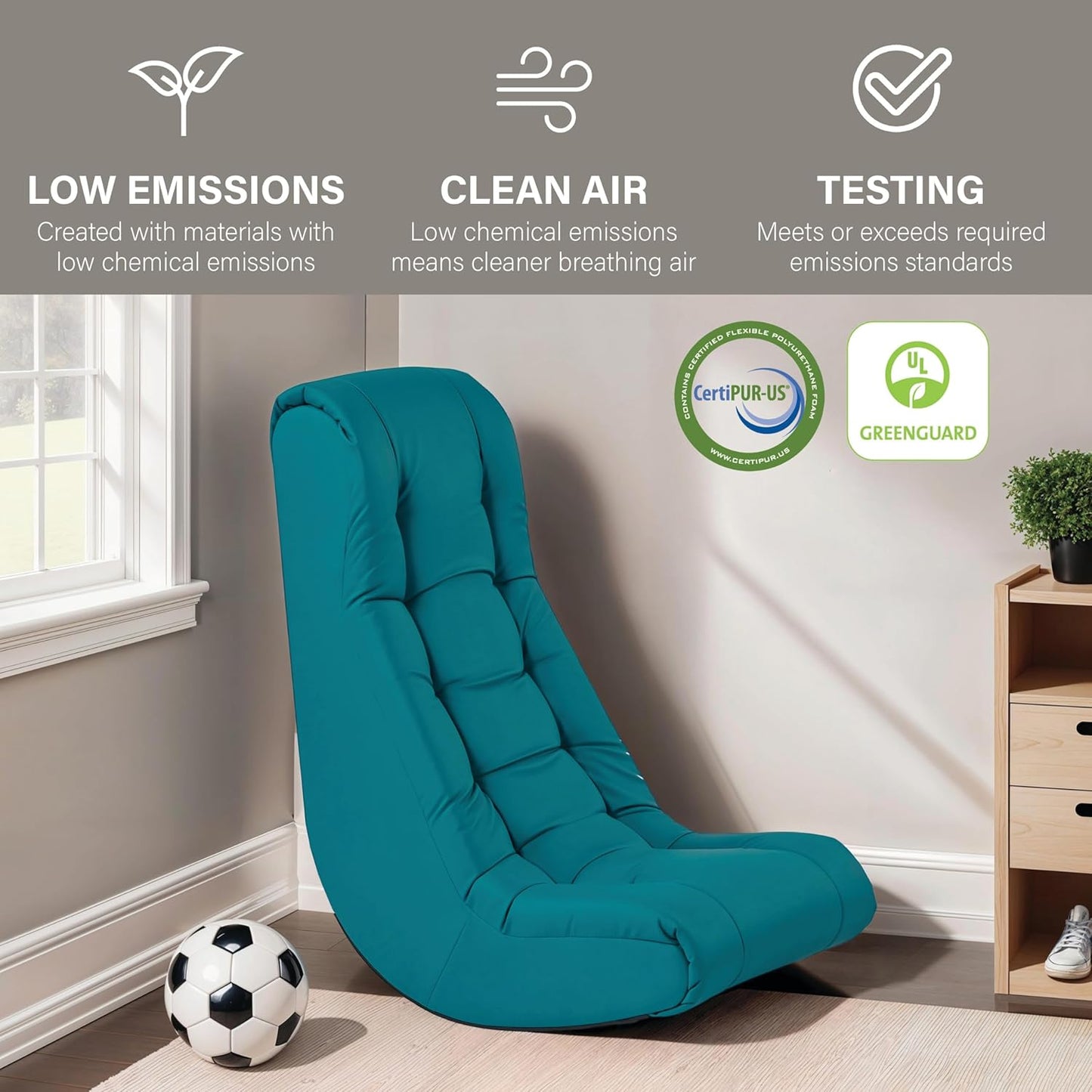 FDP Tufted Floor Rocker for Kids, Teens and Adults; Comfortable, Ergonomic Chair for Reading, Playing Video Games, or Watching TV - Teal, 10488-TL