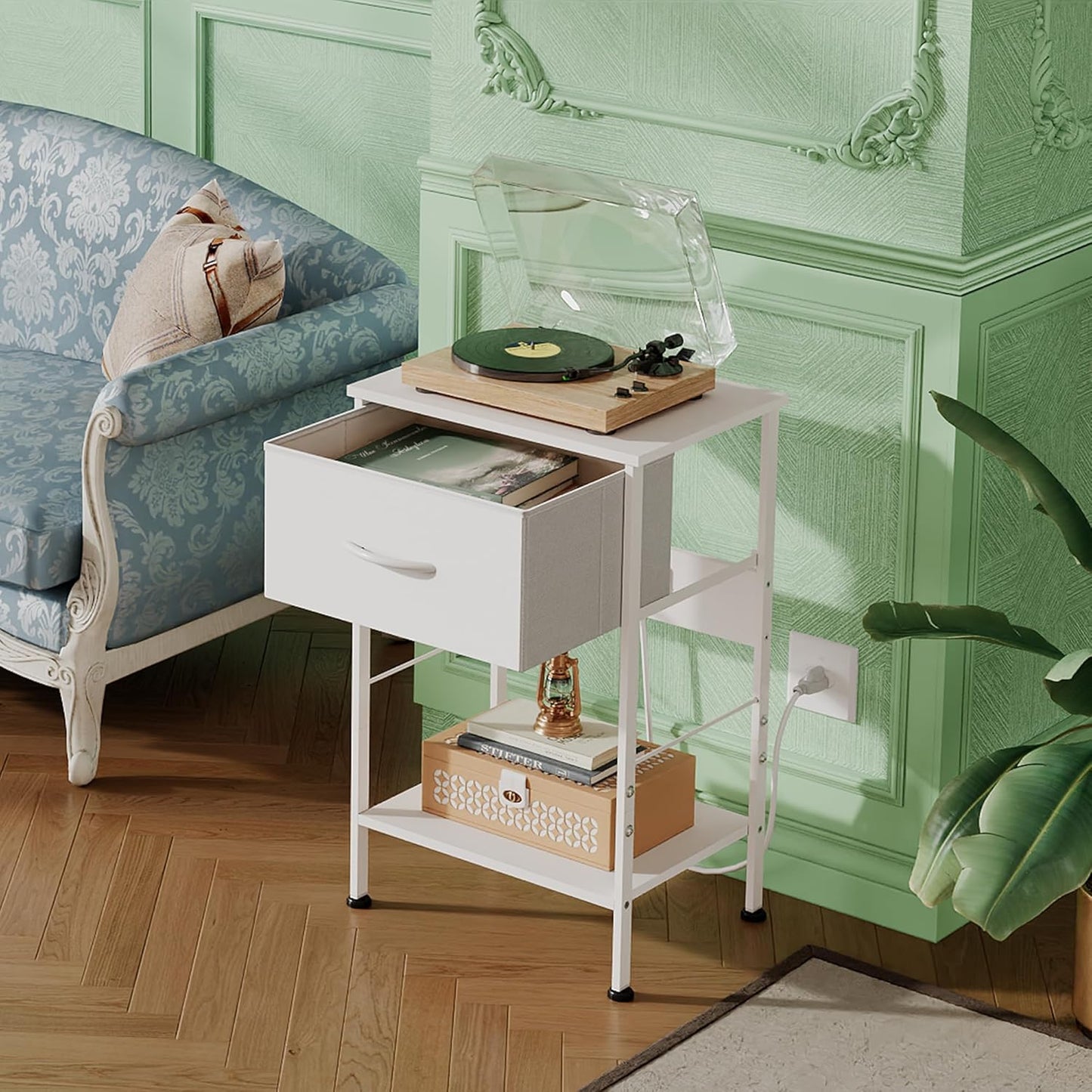 WLIVE Nightstand with Charging Station, 25" H Nightstand with 1 Fabric Drawer and Open Wood Shelf, Bed Side Table for Bedroom, 2-Tier Storage End Table, Small Dresser for Dorm, Entryway, White