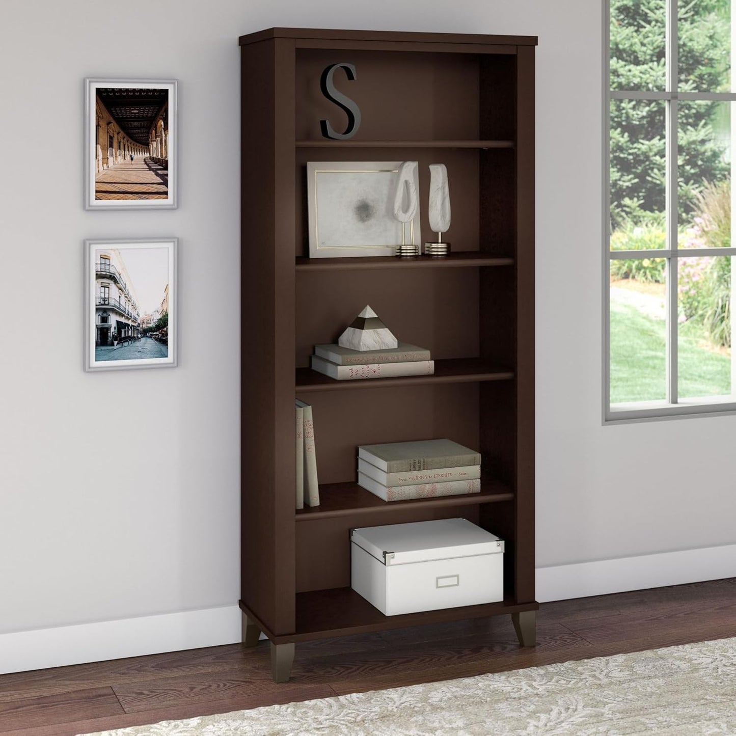 Bush Furniture Somerset 5 Shelf Bookcase in Mocha Cherry, Tall Bookshelf, Large Book Shelf for Living Room, Home Office, or Entryway