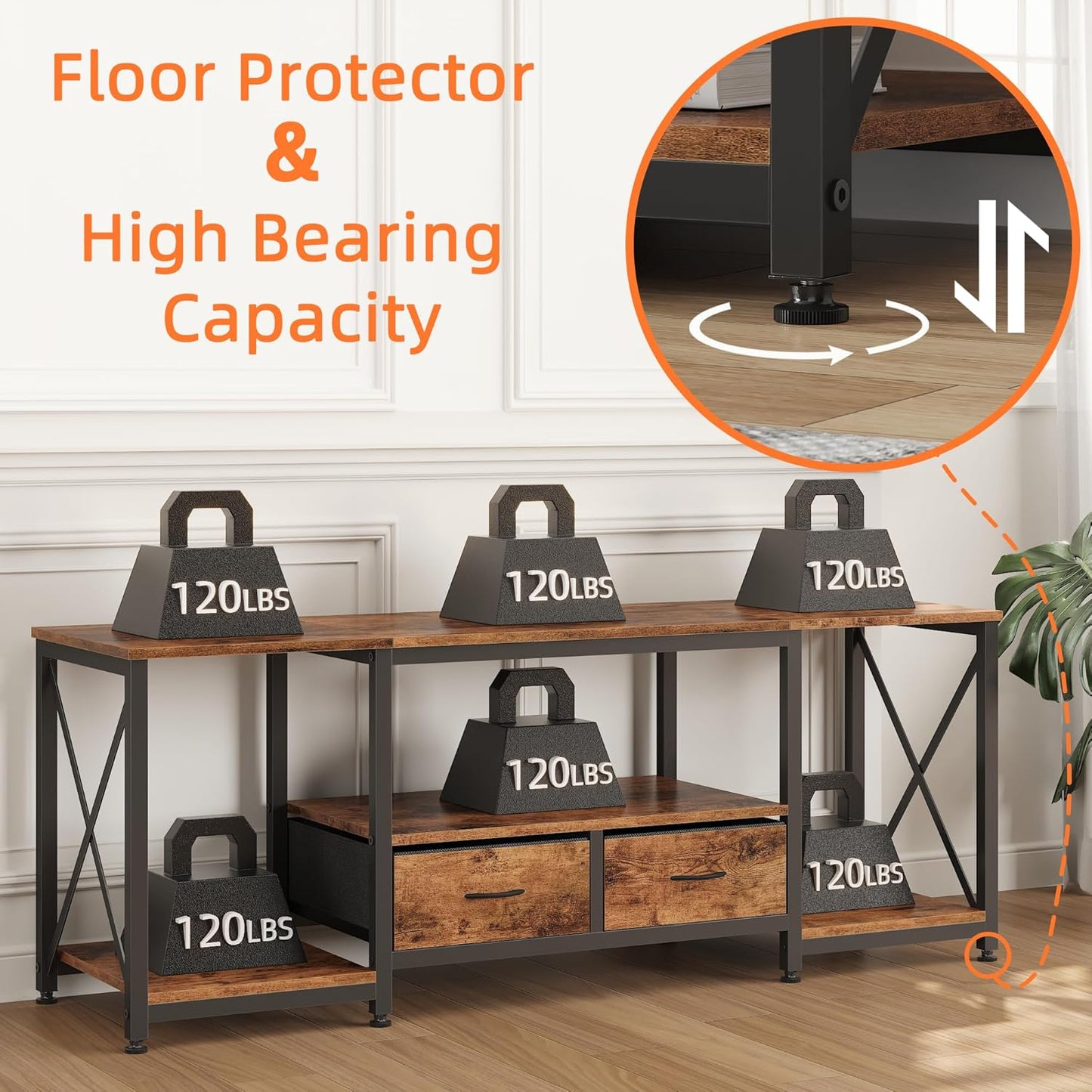 TV Stand with Fabric Drawers for 65 70 75 Inches TV - Entertainment Center and Industrial TV Console Table with Open Storage Shelves for Living Room, Bedroom - 63" Rustic Brown