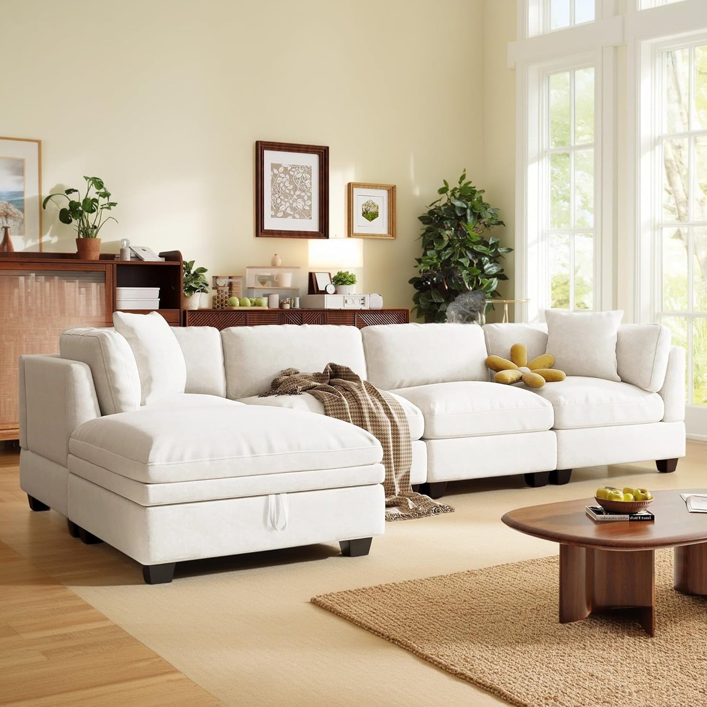 127.6 Inch 5-Seat Modular Convertible Sectional Sofa with Removable Storage Ottoman and 2 Hidden Cupholder, L-Shaped Upholstery Corner Couch for Living Room Apartment Office, Beige