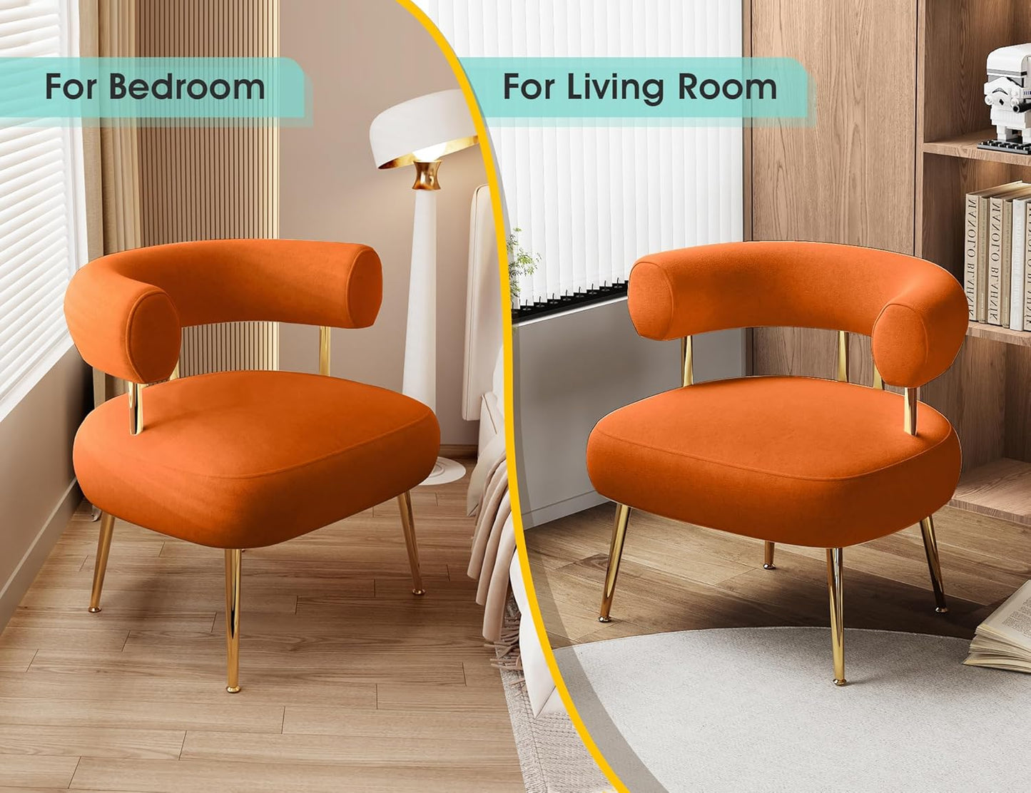 Modern Velvet Accent Chair, Round Upholstered Barrel Armchair for Small Spaces, Fluffy Side Corner Sofa Chair for Living Room, Bedroom, Vanity, Office, Reading Nook(Orange)