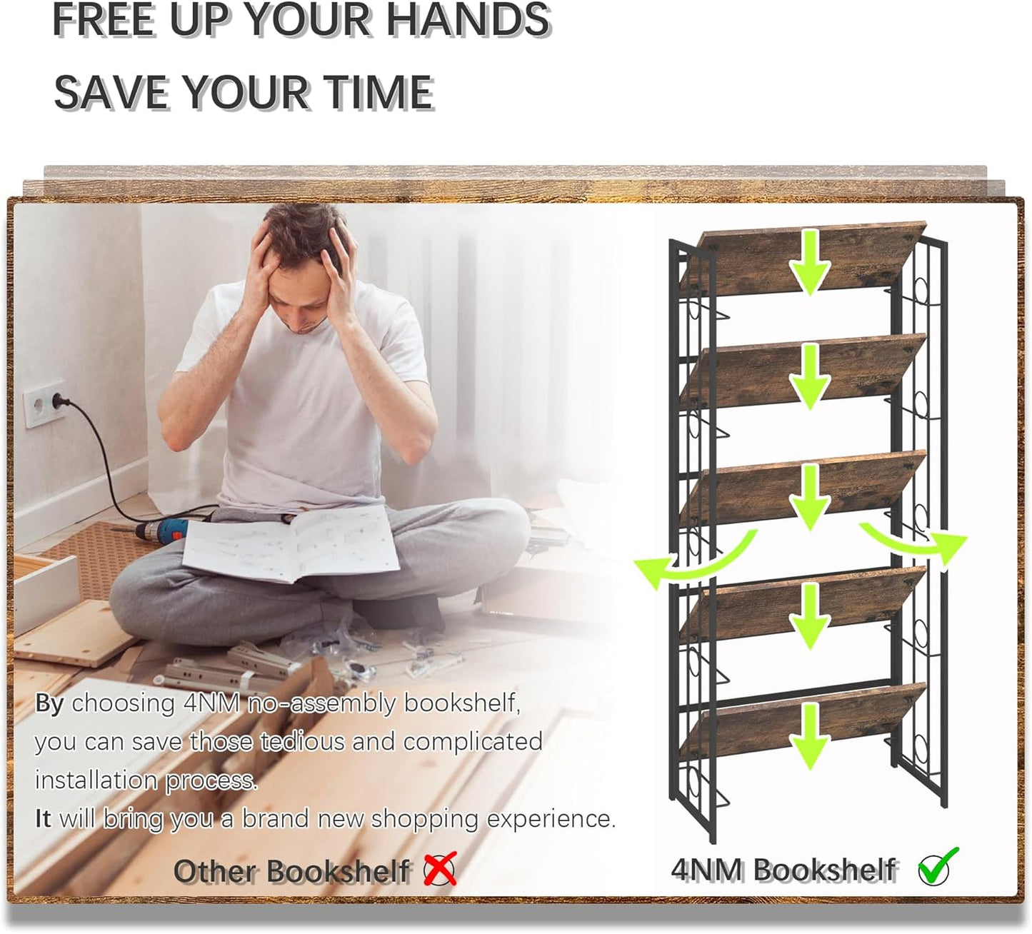 4NM No Assembly 5 Tiers Folding Bookshelf, 59.4" H Foldable Storage Shelves Vintage Bookcase Standing Racks Study Organizer Home Office - Rustic Brown Black