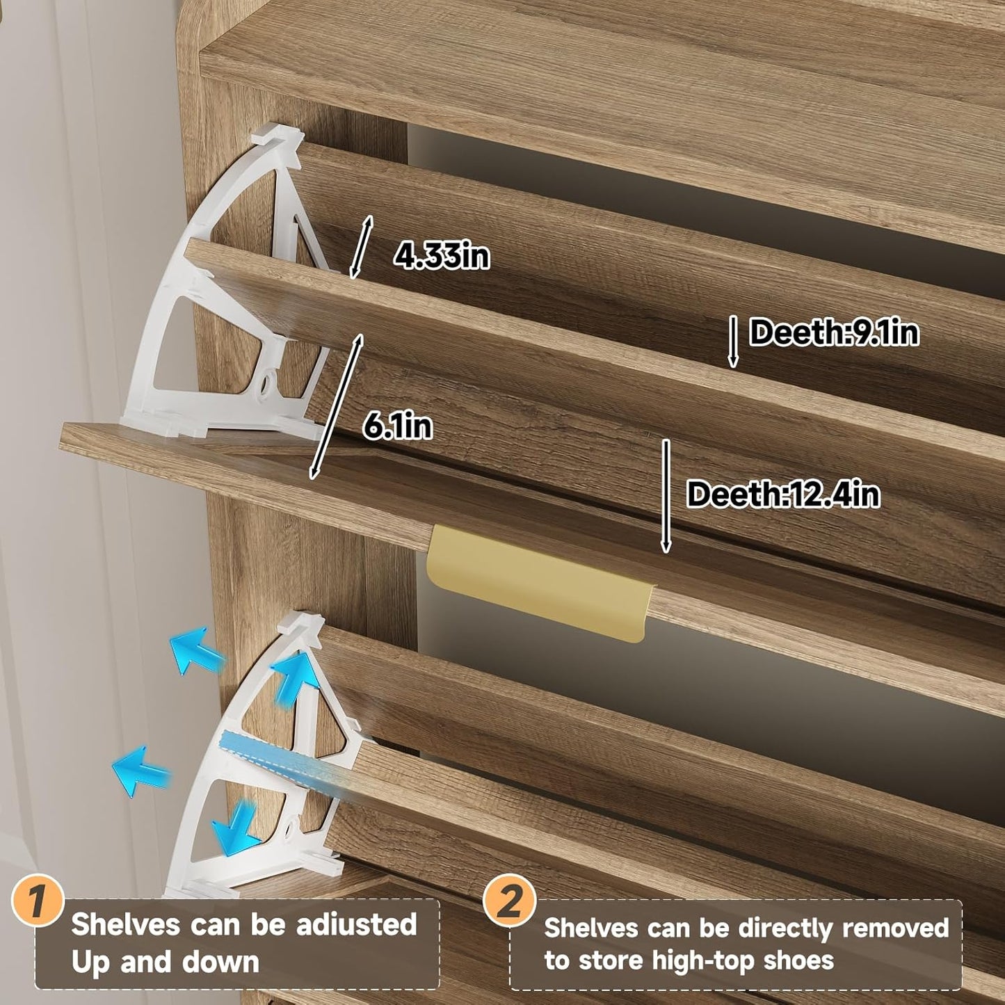 Maupvit Large Shoe Storage Cabinet with 6 Rattan Flip Drawers, Freestanding Organizer with Metal Legs for Entryway, Narrow Shoe Rack Cabinet, Hidden Golden Handles, Rustic Oak Rattan