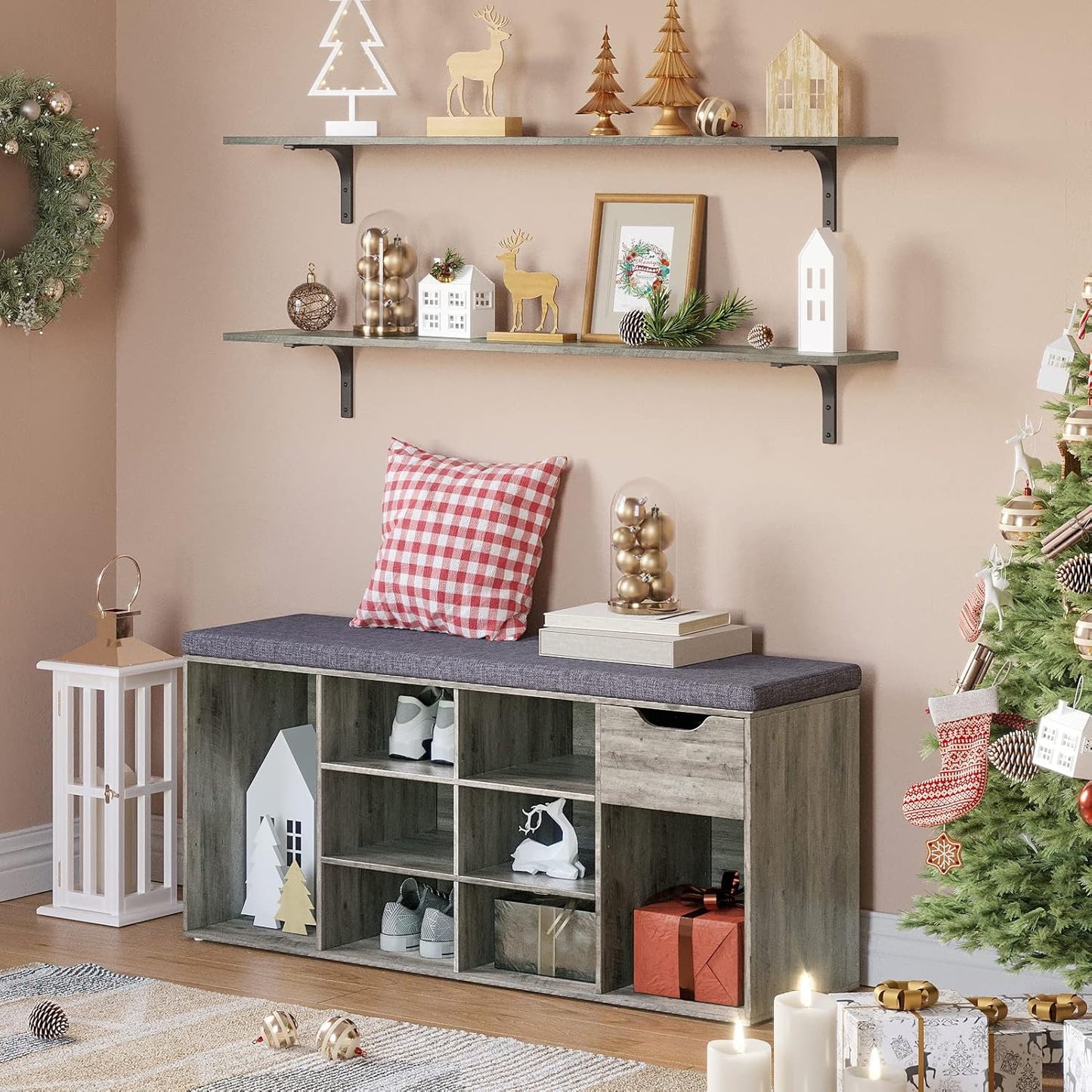 DINZI LVJ Shoe Bench, Entryway Storage Bench with Drawer and 11 Cubbies, Cubby Shoe Rack with Adjustable Shelves, Organizer Cabinet for Living Room, Mudroom, Closet and Garage, Gray Wash