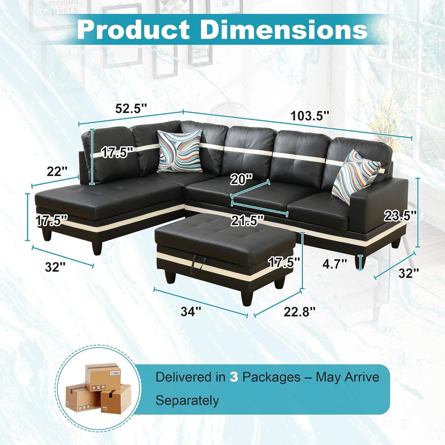 103.5" Oversized Sectional Couch, L Shaped Couch with Storage Ottoman, Modern Modular Sofa with Deep Seat, Sectional Couches for Living Room and Office, Black and White (PU Leather)