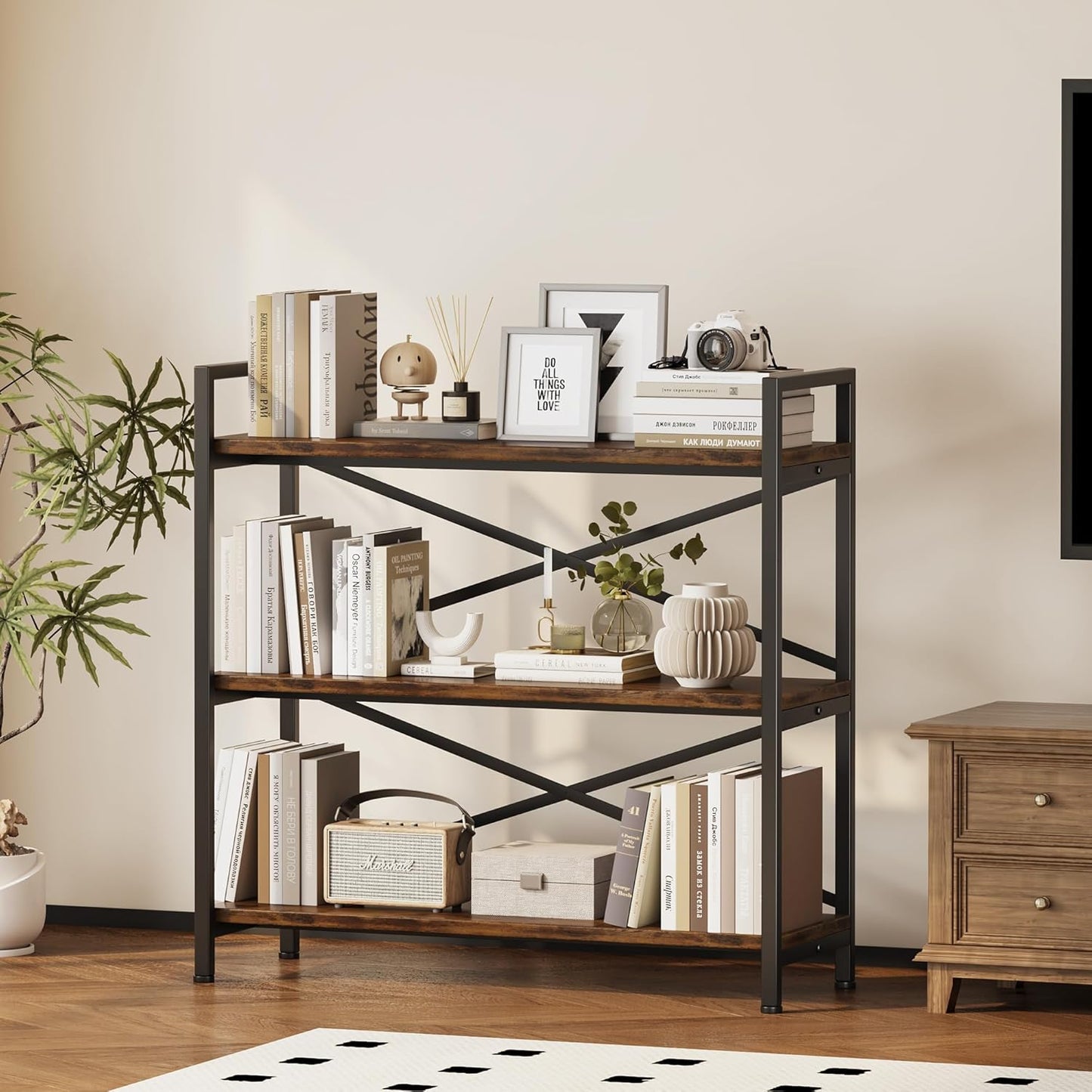 Homeiju 3 Tier Bookshelf 31.49" Width, Wood and Metal Etagere Bookcase, Vintage Farmhouse Modern Wooden Big Book Shelf for Home Living Room Bedroom Office Storage(Rustic Brown)