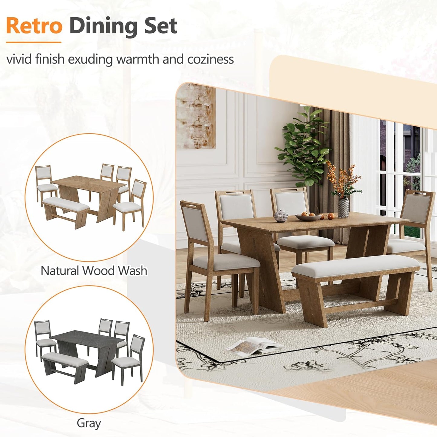 Ball & Cast 6-Piece Dining Table Set for 6 People, 60" Wood Dining Kitchen Table & Chairs Set, Rectangular Dining Room Table with Trapezoidal Base,4 Upholstered Chairs & 1 Bench, Kitchen, Espresso