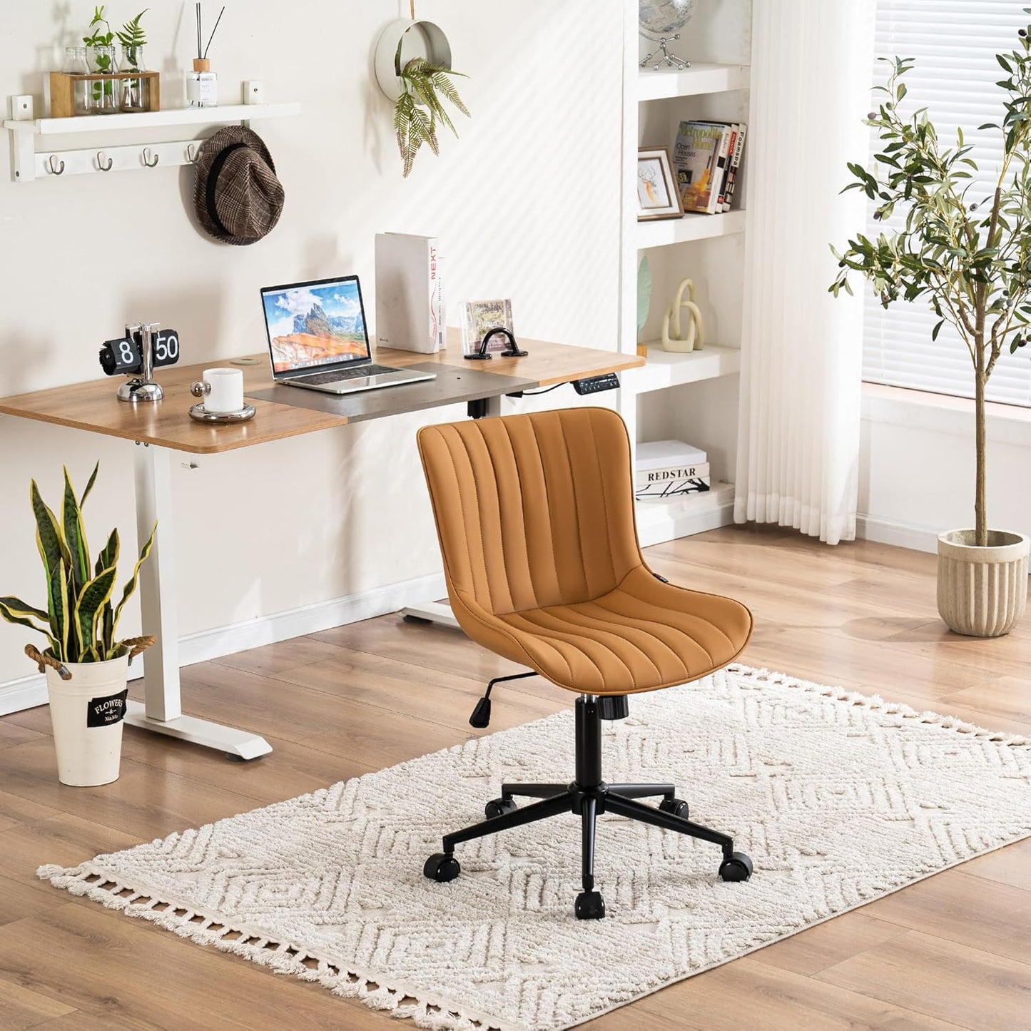 YOUNIKE Ergonomic Home Office Desk Chair with Wheels Comfy Armless Criss Cross Chair with Back Adjustable Height Modern Leather Upholstered Swivel Vanity Chair Small Cute Rolling Task Chair Tan