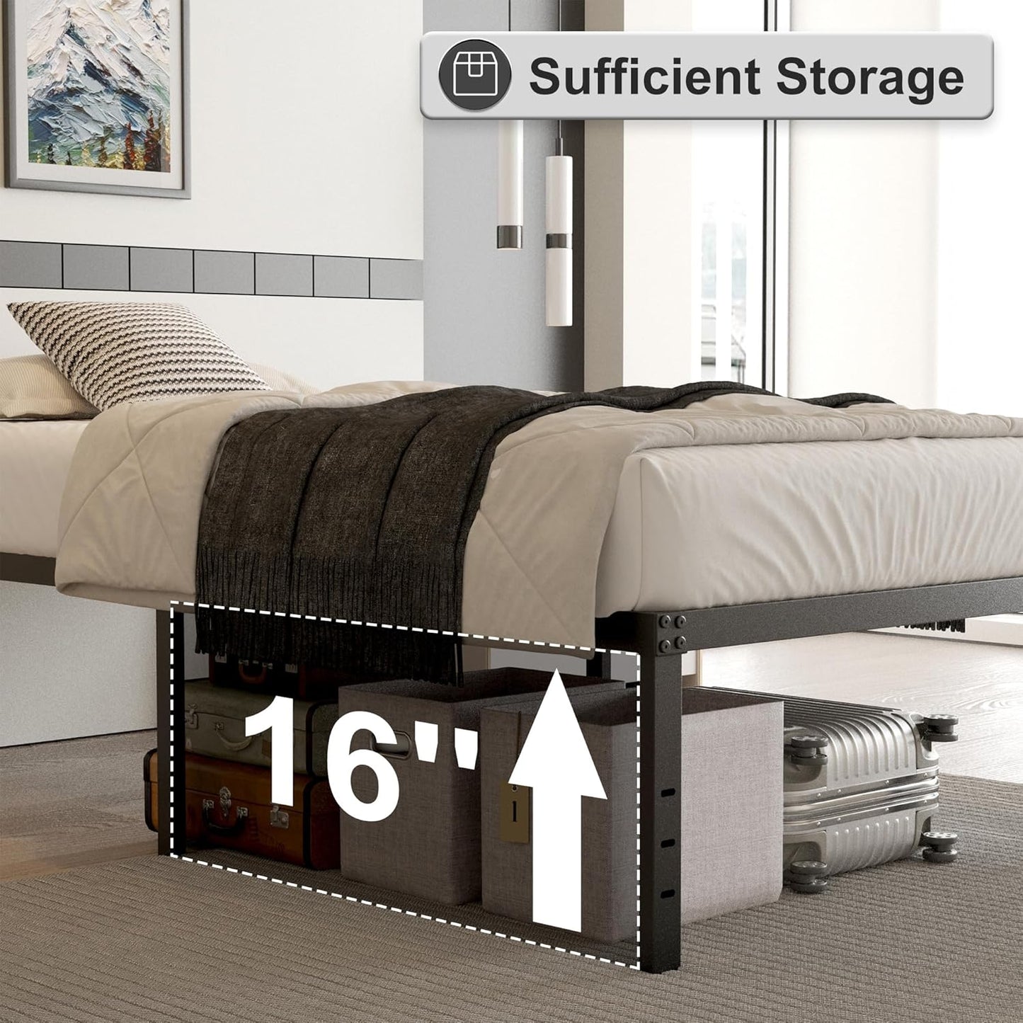 18 Inch Full Size Bed Frame with Black Bed Cover, Metal Bed Frame Full Size No Box Spring Needed, Heavy Duty Mattress Foundation, Easy Assembly, Noise Free