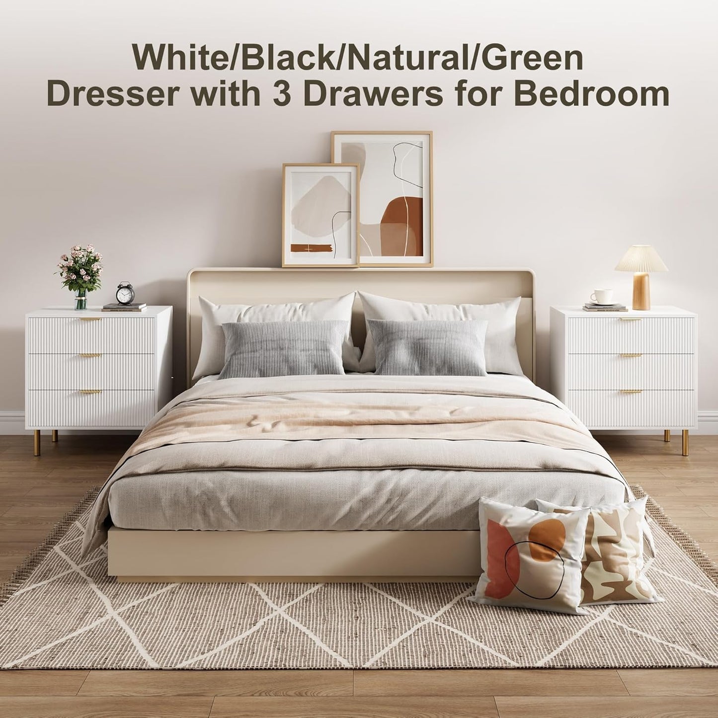 White Dresser, Modern 3 Drawer Dresser for Bedroom with Gold Handle and Large Drawer, Wood Double Chest of Drawers and Storage Organizer for Living Room, Hallway, Entryway