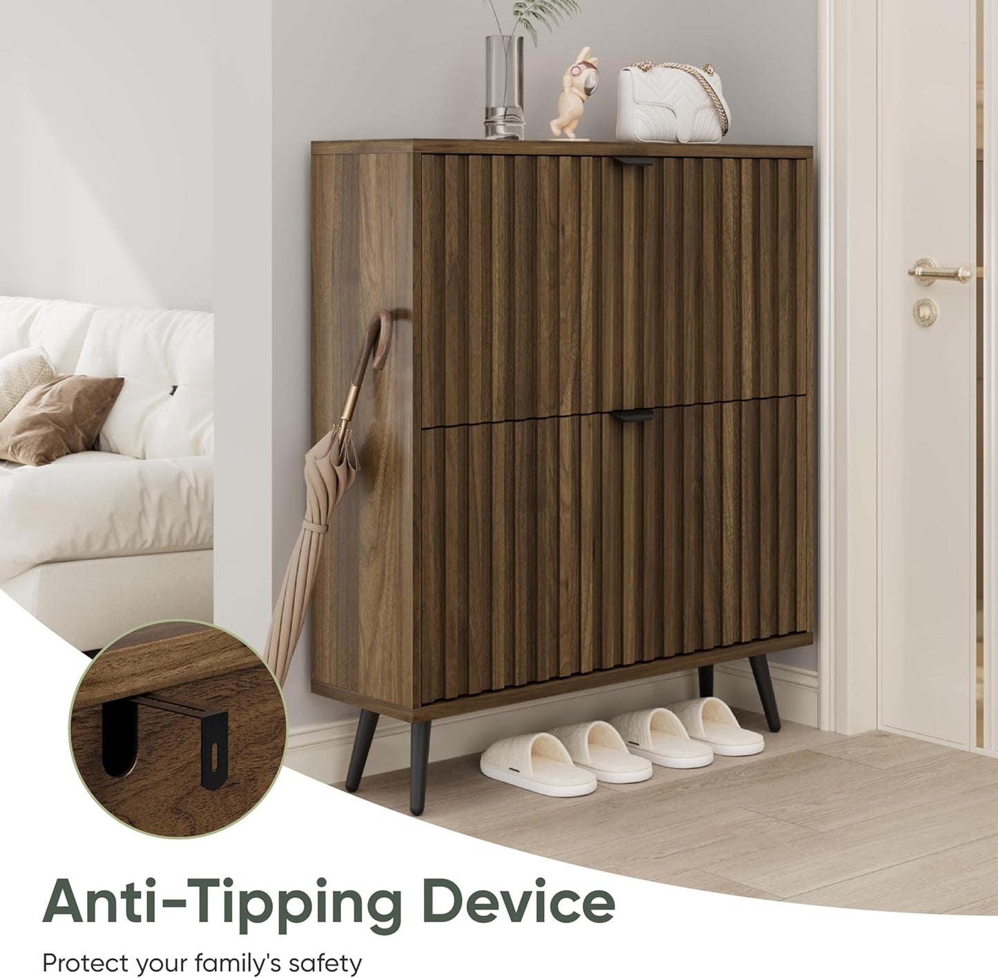 Smuxee Shoe Cabinet with 2 Flip Drawers, 31.5" Walnut Hidden Shoe Storage Cabinet with Fluted Design, Freestanding Shoe Organizer Cabinet for Entryway, Hallway, Closet, Living Room