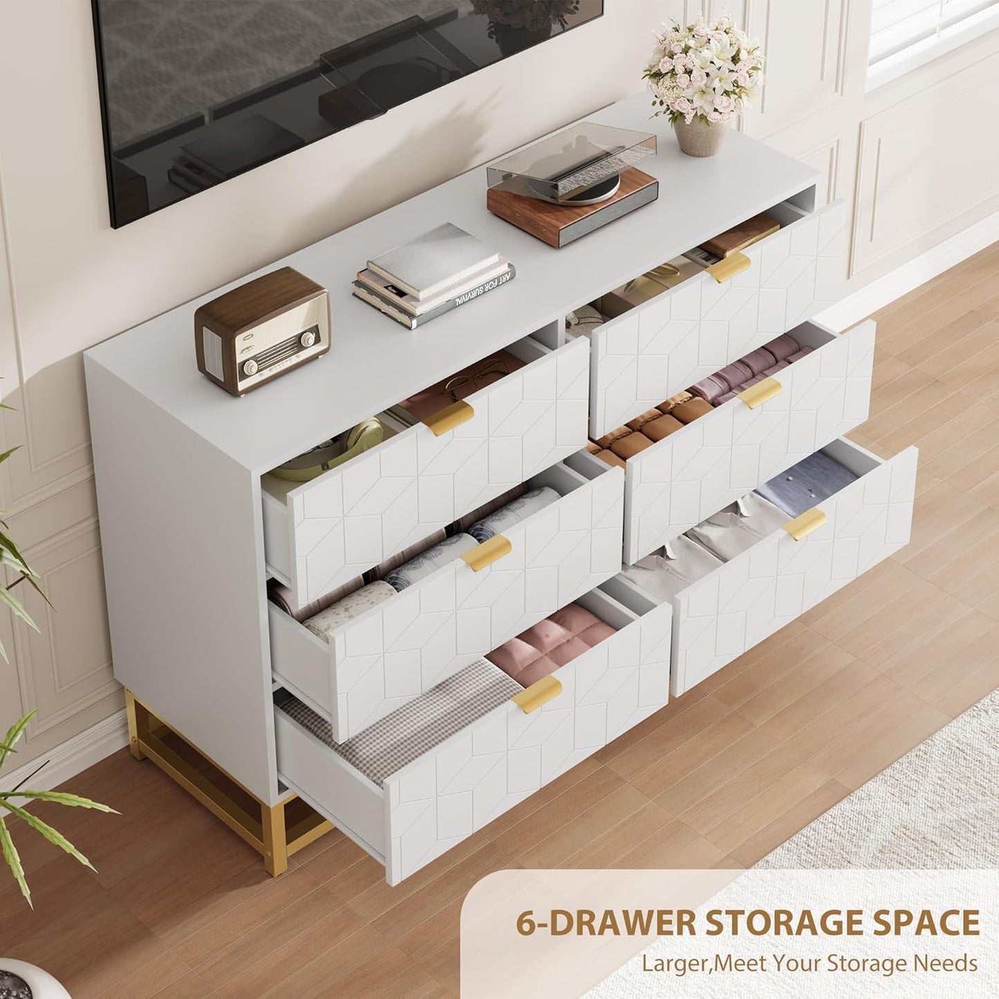 GAOMON White Dresser for Bedroom,Modern 6 Drawer Double Dresser with Gold Handles,Long Storage Organizer for TV Stand & Closet,Large Chest of Drawers for Living Room,Hallway,Entryway