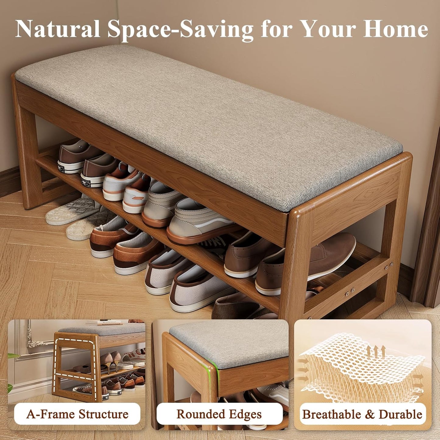 Shoe Rack Bench with Cotton-Linen Cushion 2-Tier Wooden Storage Bench 550lbs Compact Simple & Modern Design for Entryway, Hallway, Bedroom, Living Room, Closet, Front Door Entrance, Foyer