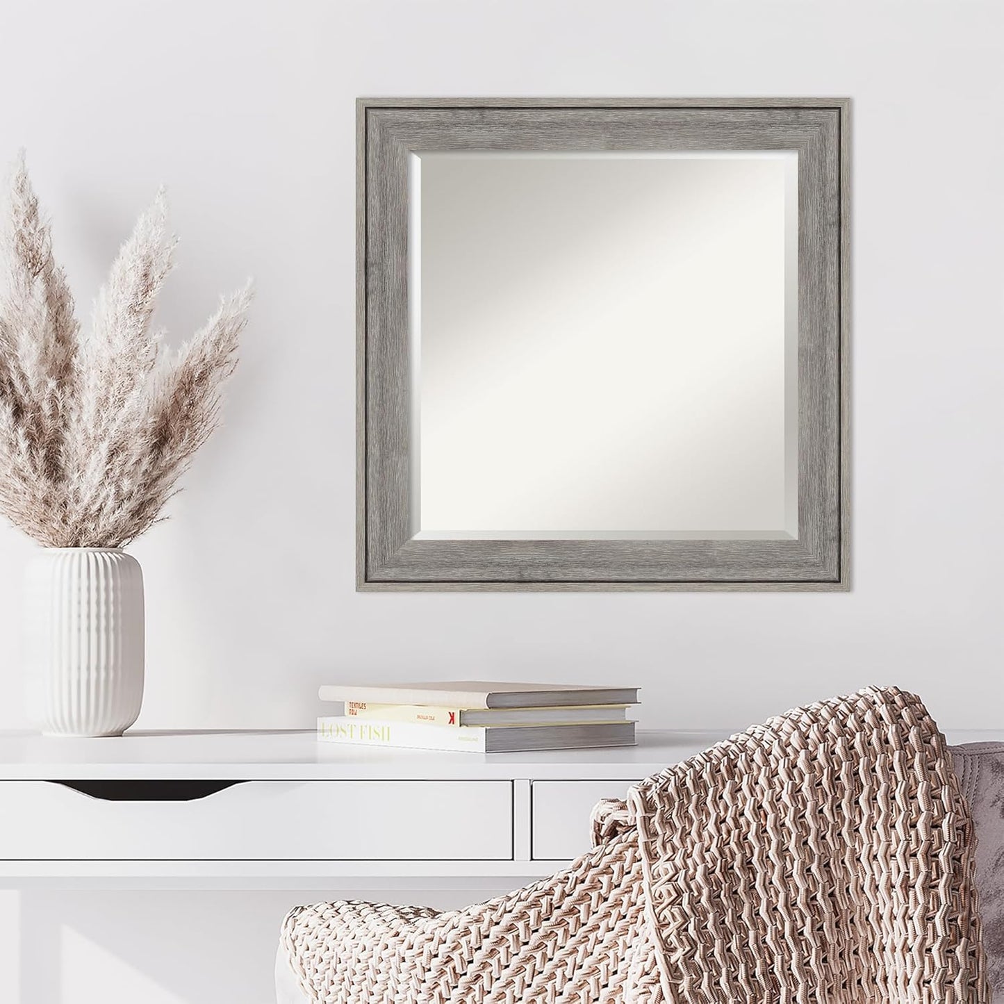 Amanti Art Grey Wall Mirror 25x25 Regis Barnwood Grey Square Bathroom Mirror for Wall Decor Living Room, Medium Rustic Farmhouse Wood Frame, Hangs Horizonally and Vertically, Bathroom Decor, Beveled