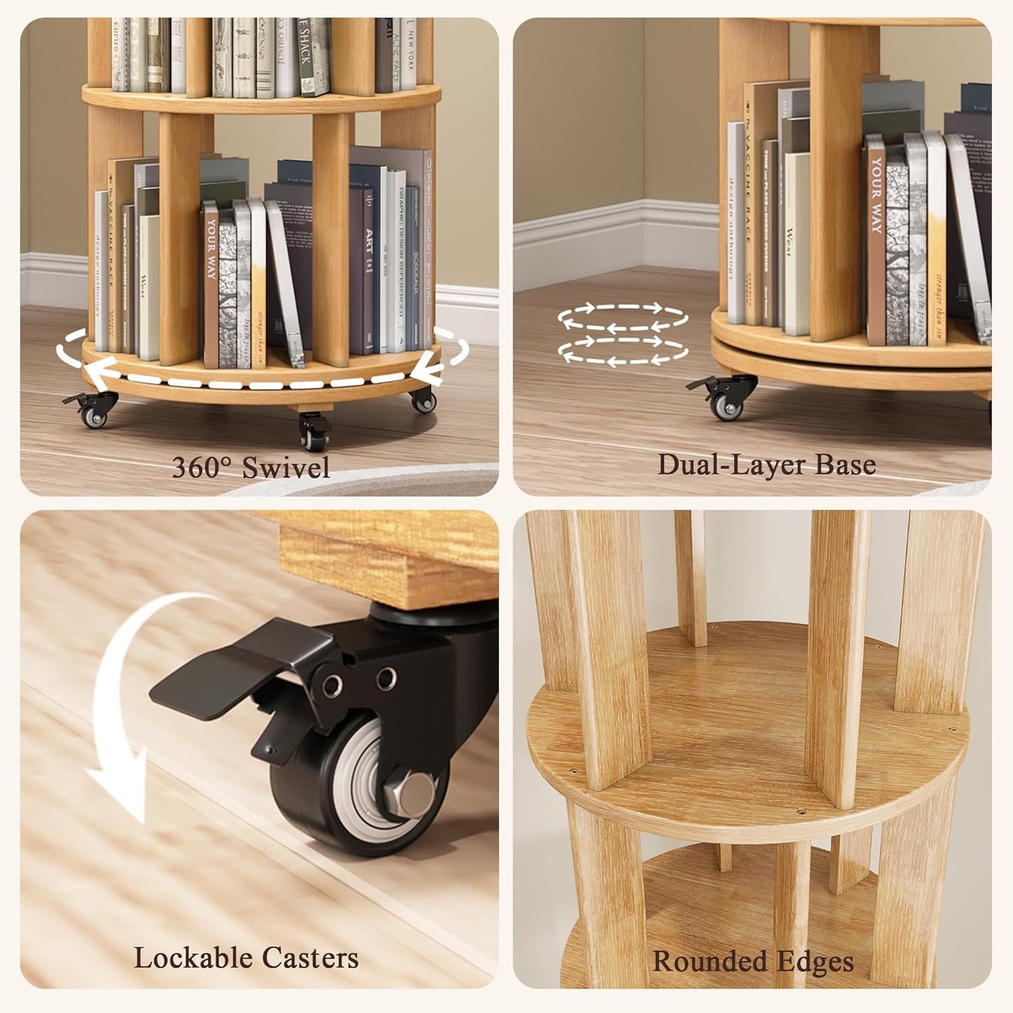 4 Tier Rotating Bookshelf Tower, 360 Spinning Bookcase Carousel with Lockable Wheels, Round Lazy Susan Organizer for Corner Bookshelf, Solid Wood Revolving Bookcase for Kids Room, Bedroom, Living Room