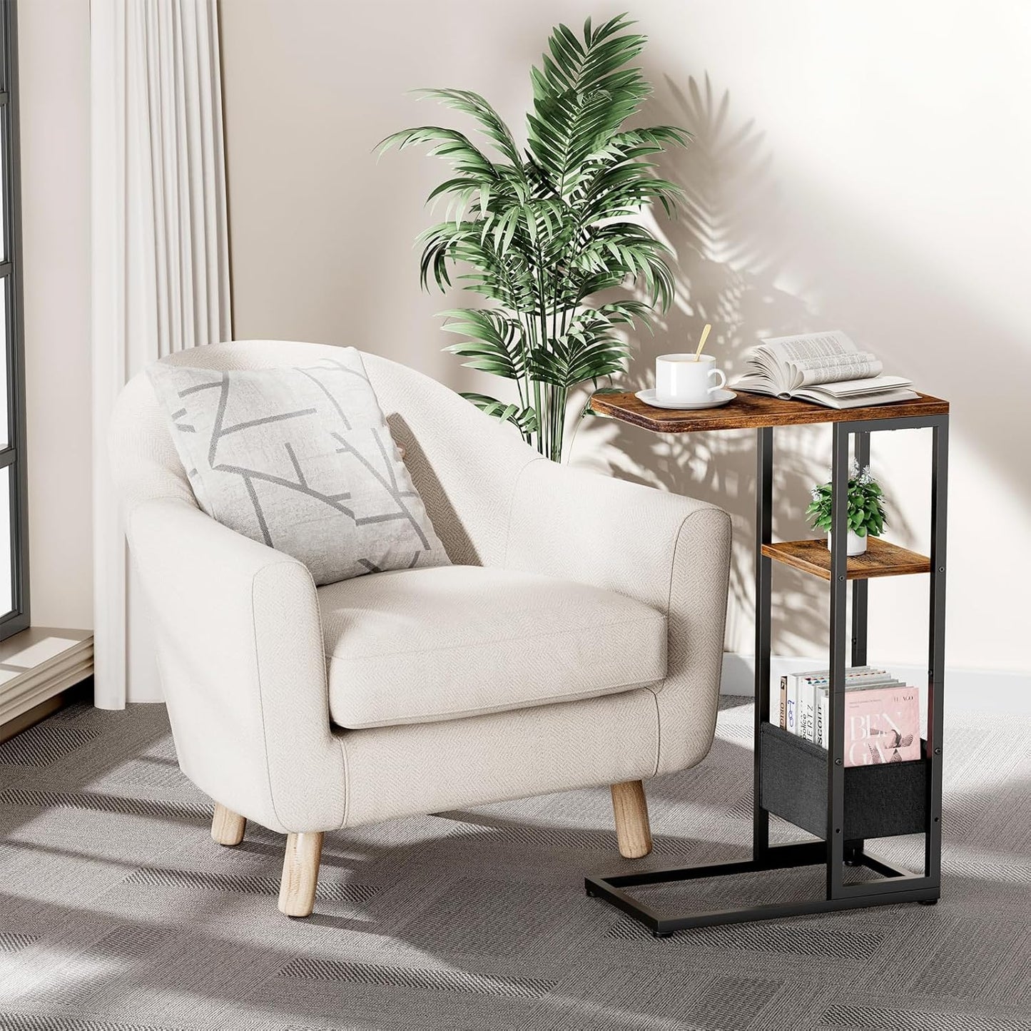 C Shaped End Table, Small Side Table for Couch, Recliner, Slide Under Sofa Tray Desk Snack Tables with Storage Bag for Living Room,Bedroom, Small Spaces - Rustic Brown