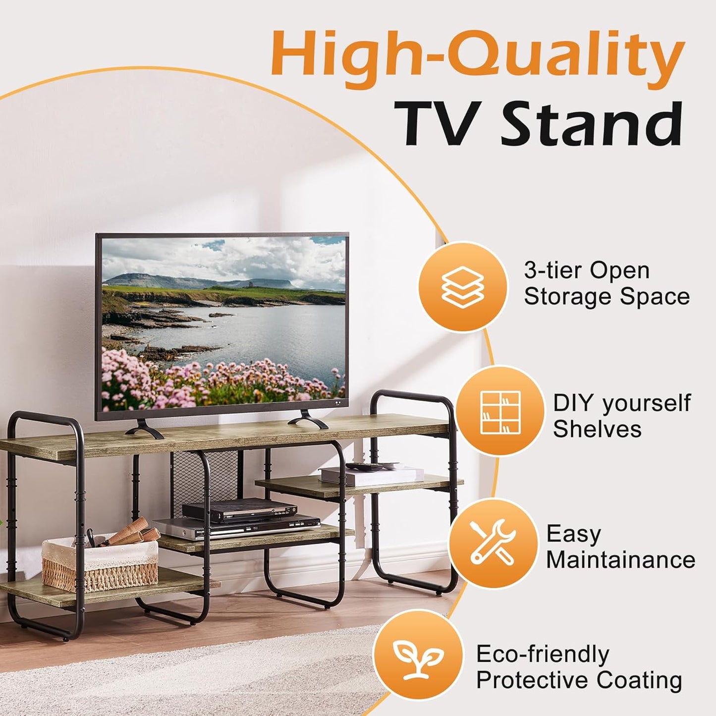 VECELO TV Stands for 55 Inch,Entertainment Center/Media Console Table with Adjustable Storage Shelves for Living Room/Bedroom,Grey