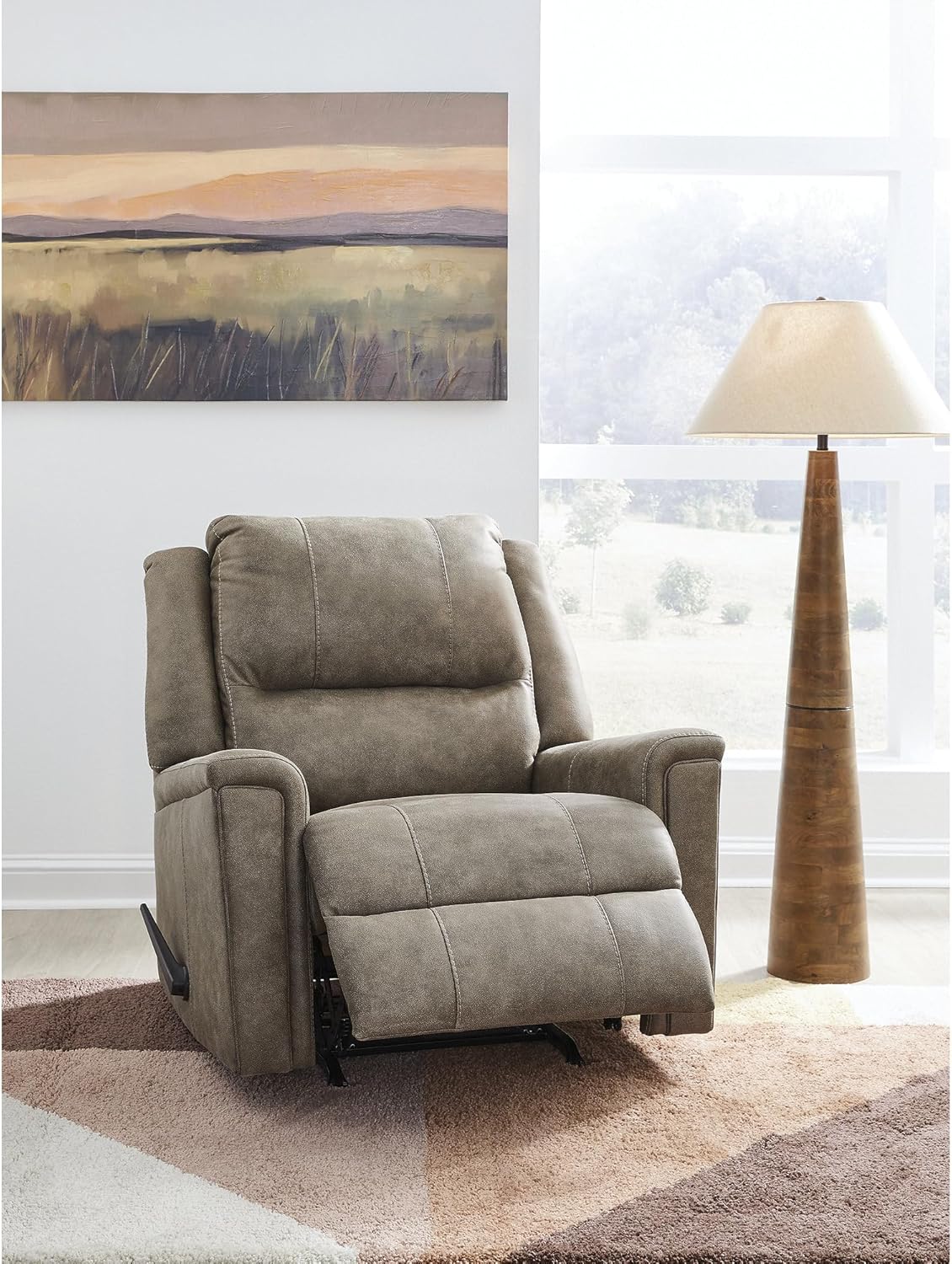 Signature Design by Ashley Skymaker Modern Faux Leather Manual Rocker Recliner with Track Arms, Light Brown