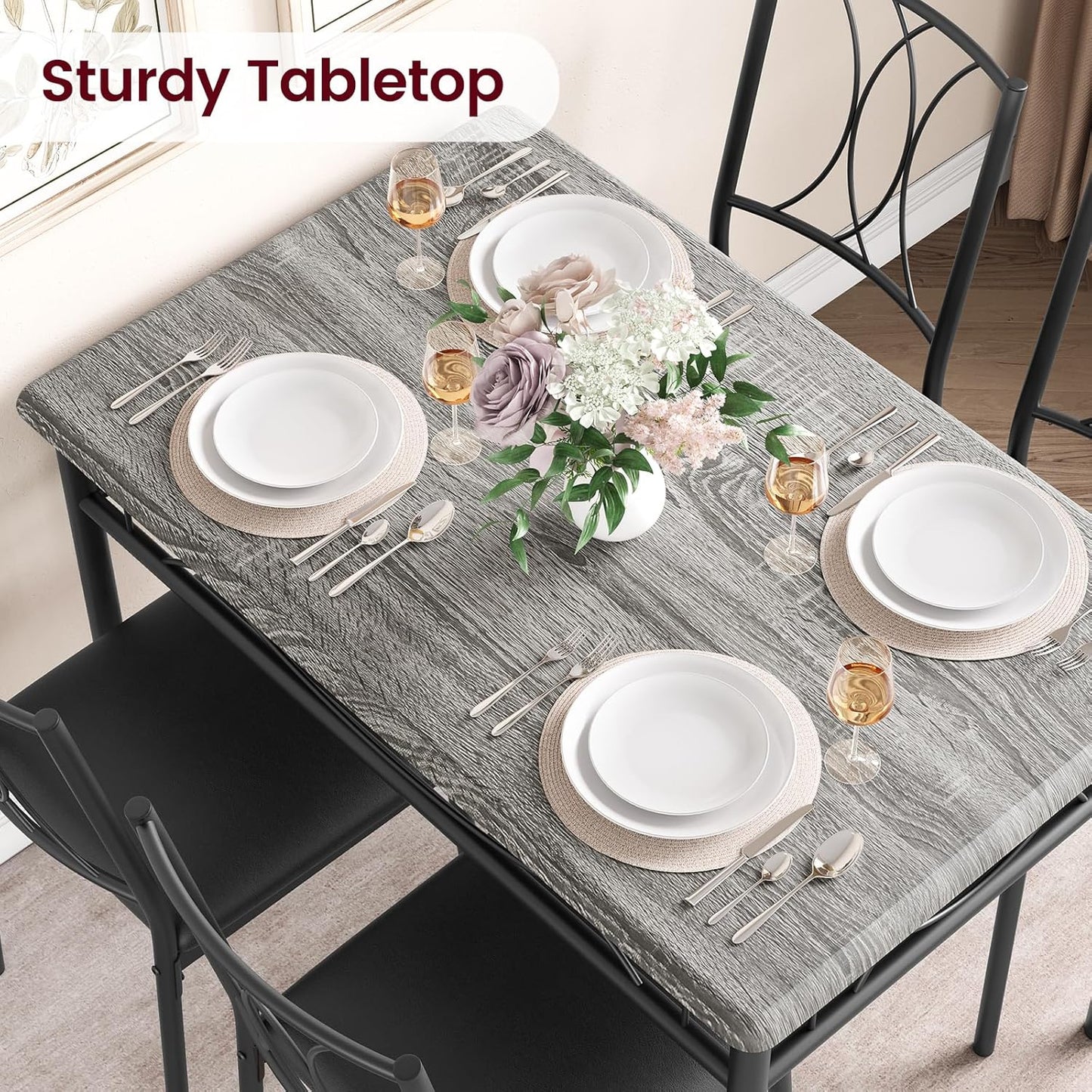 CABIHOME Dining Table Set, 5 Piece Rectangle Dining Kitche Table Set for 4 with 4 Upholstered Chairs, Dining Table Set for Small Space, Apartment, Retro Gray