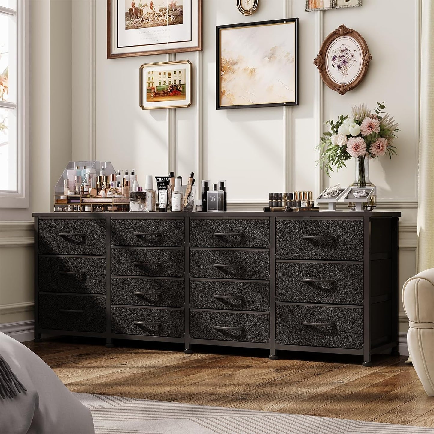 63 Inch TV Stand Dresser for Bedroom, Long Black Dresser with 14 Fabric Drawers for 65 70 75 Inch TV, Entertainment Center with Storage Media TV Console Table